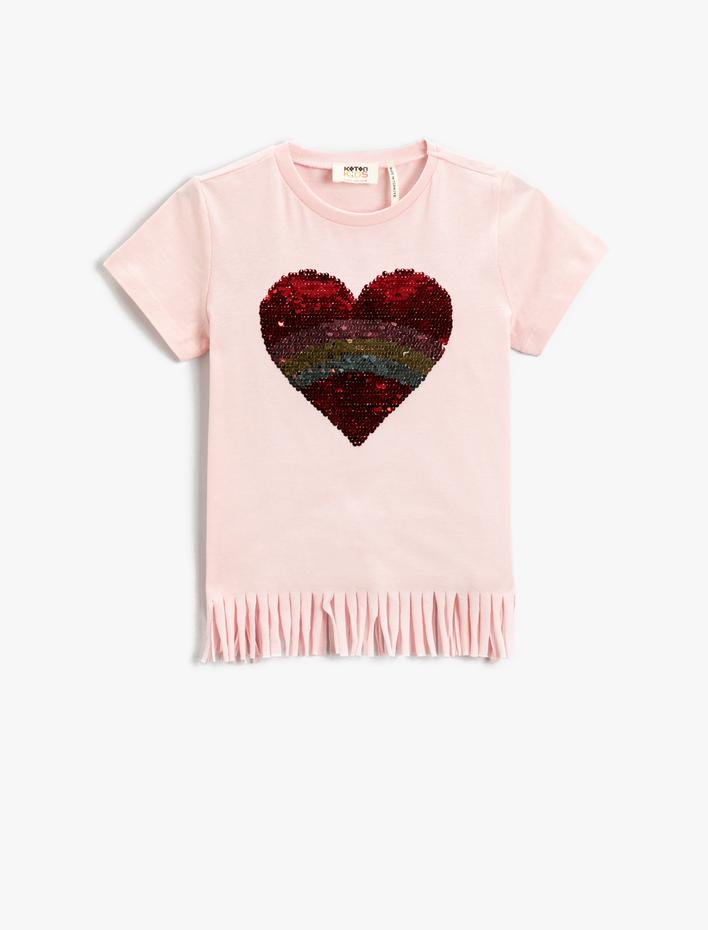 Kız Çocuk Çift Taraflı Pullu Payetli Püsküllü Kısa Kollu Tişört Pamuklu