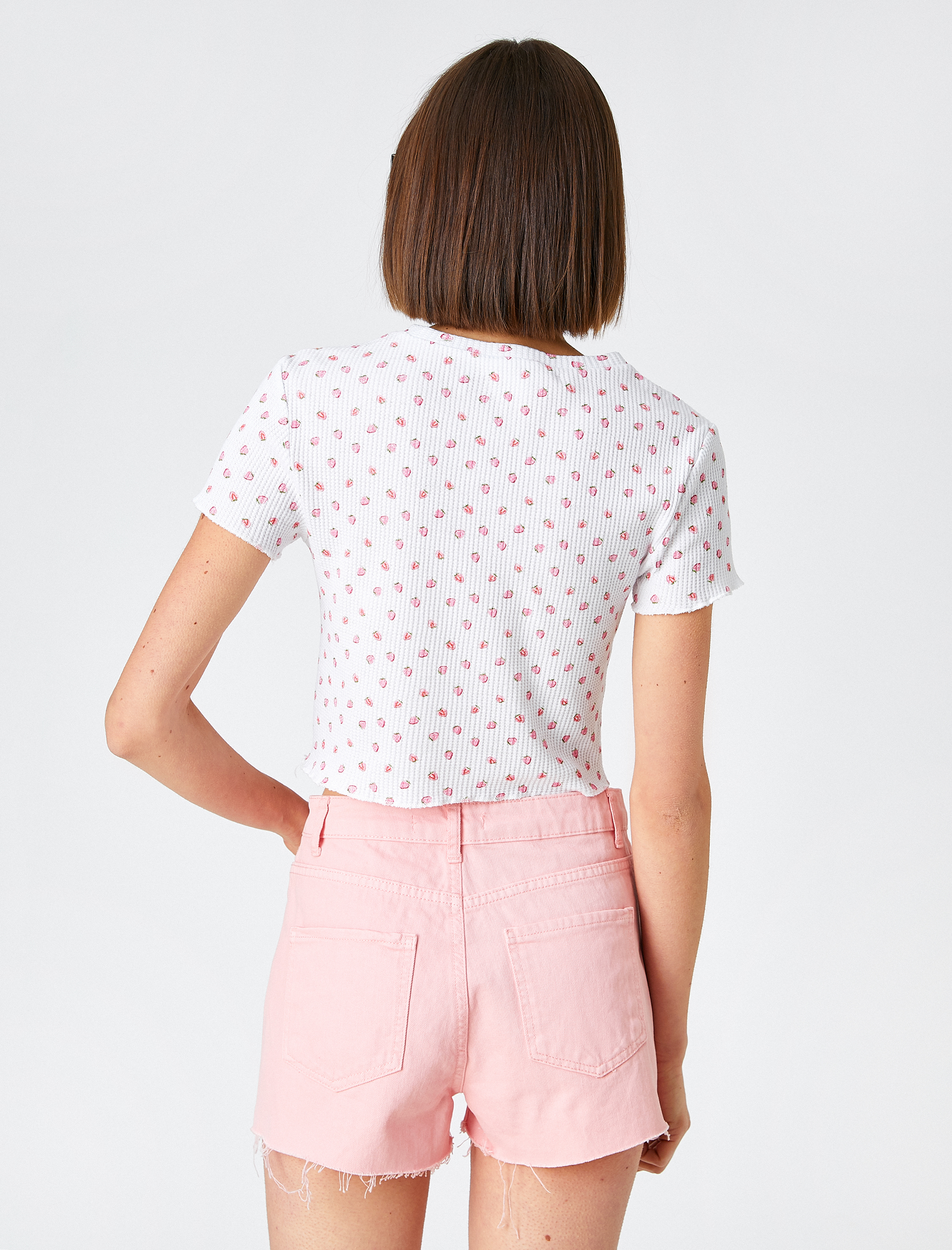   Crop Tişört Çilek Baskılı Kısa Kollu Pamuklu