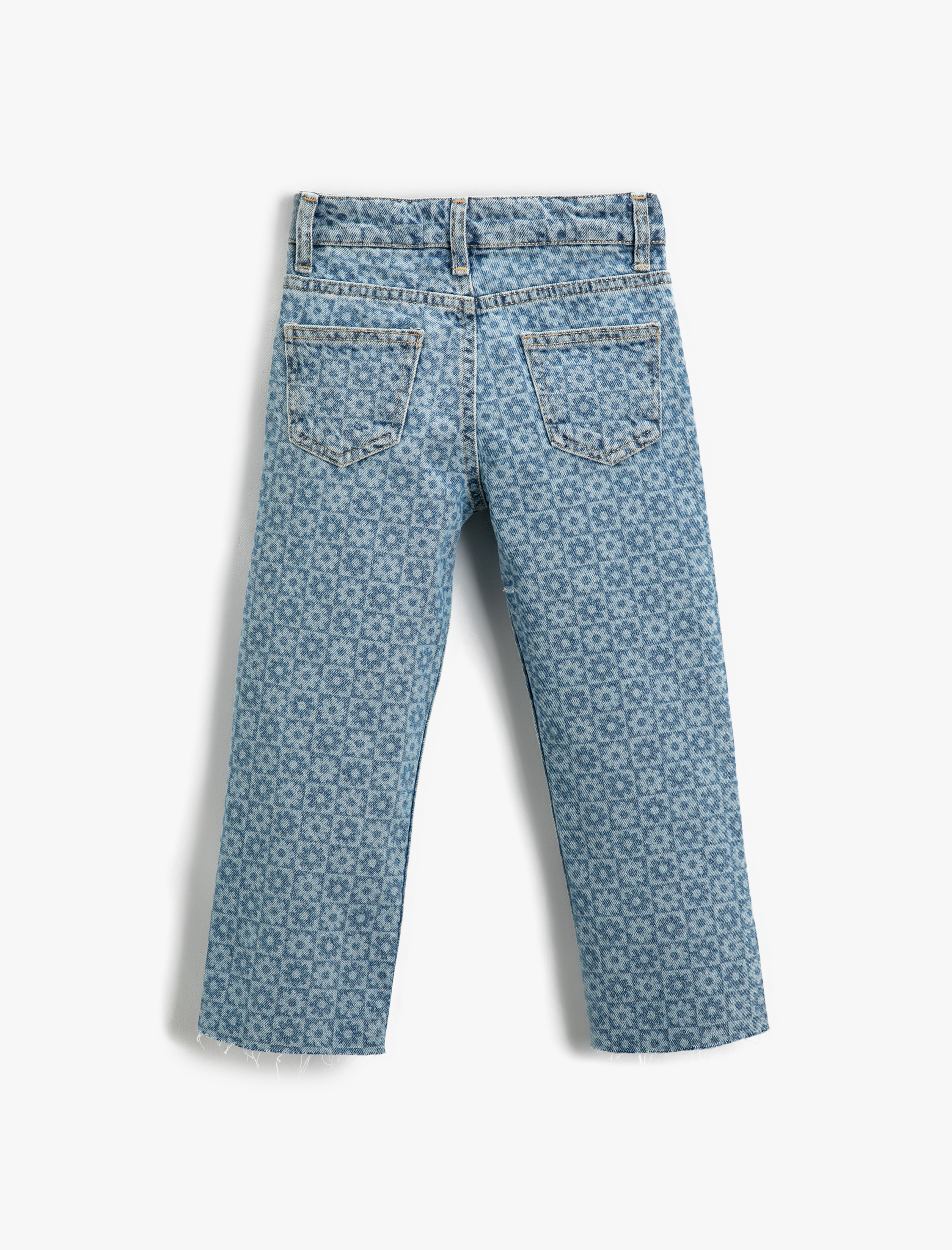  Kız Çocuk Kot Pantolon Çiçek Baskılı Pamuklu Cepli - Straight Jean