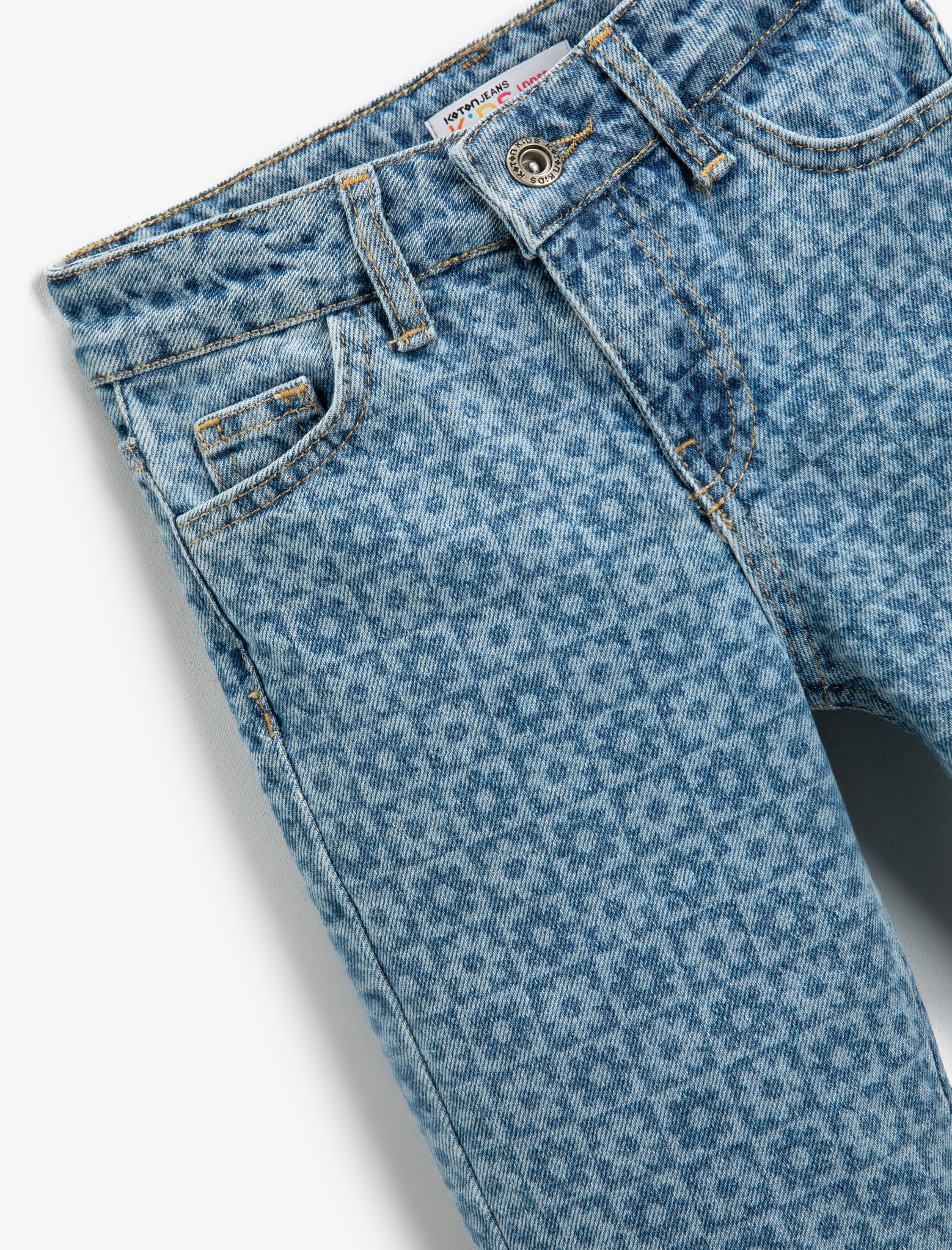  Kız Çocuk Kot Pantolon Çiçek Baskılı Pamuklu Cepli - Straight Jean