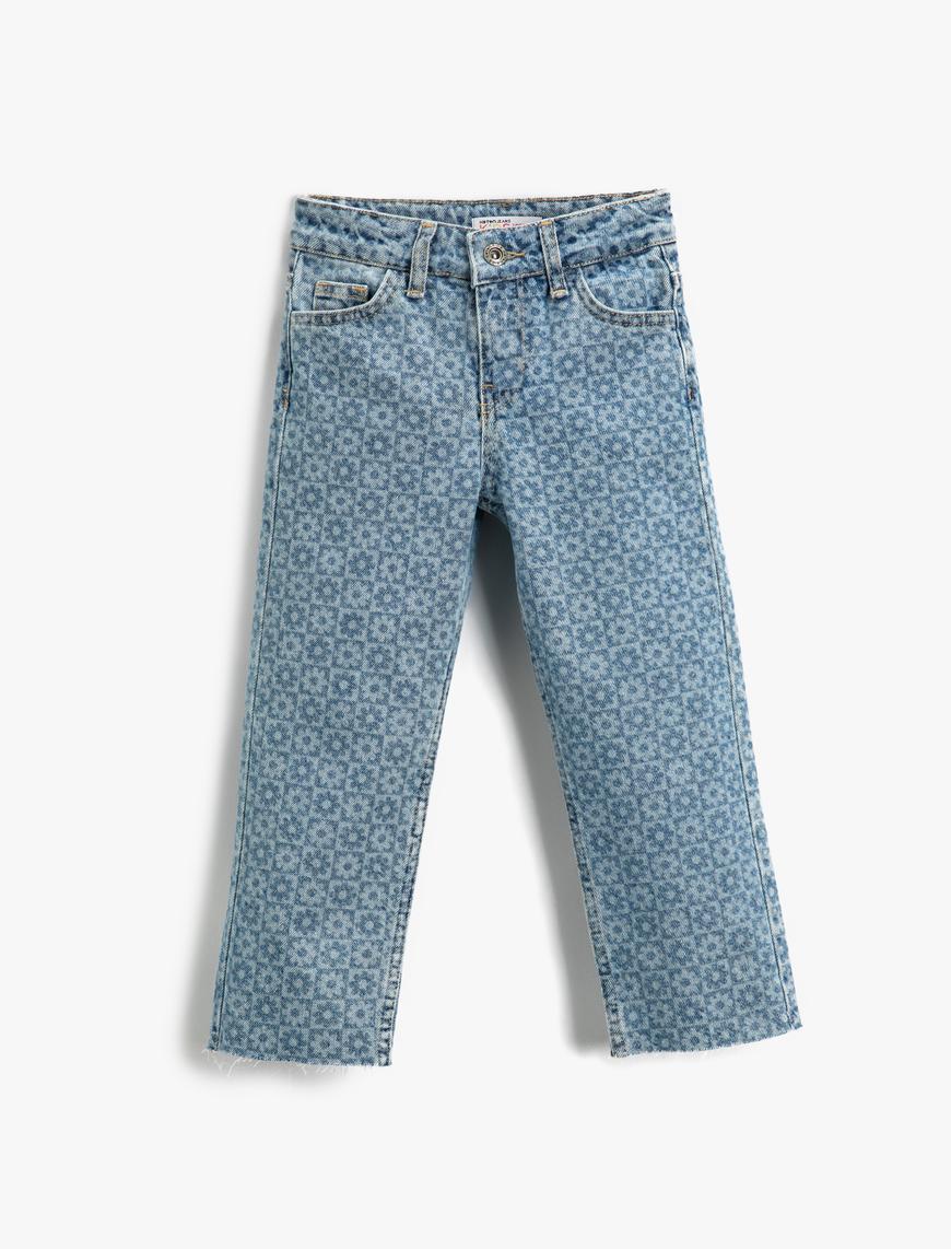  Kız Çocuk Kot Pantolon Çiçek Baskılı Pamuklu Cepli - Straight Jean