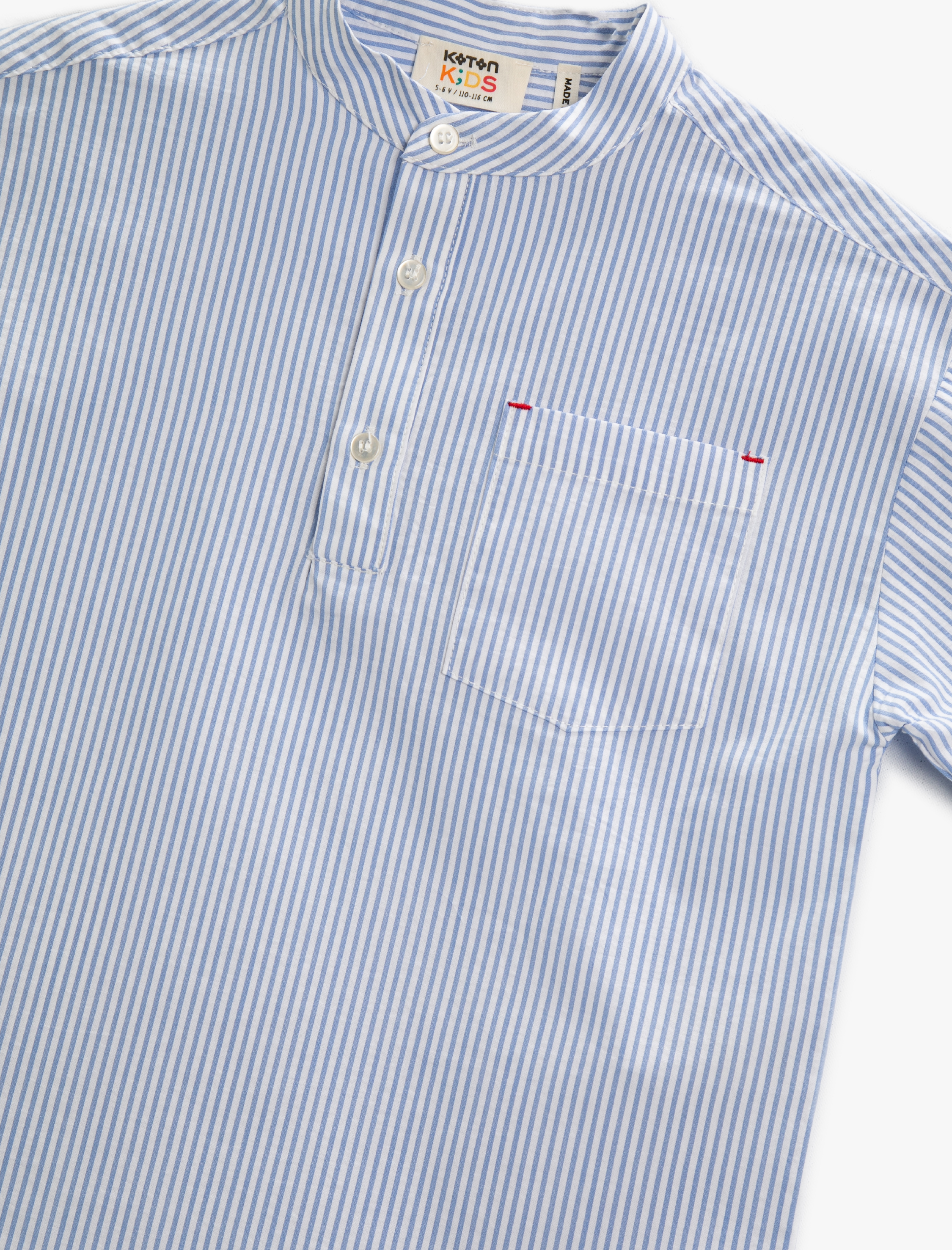  Erkek Çocuk Mandarin Yaka Kısa Kollu Gömlek Çizgili Cepli Düğmeli