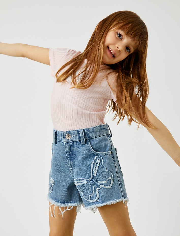 Kız Çocuk Kot Şort Kelebek İşlemeli