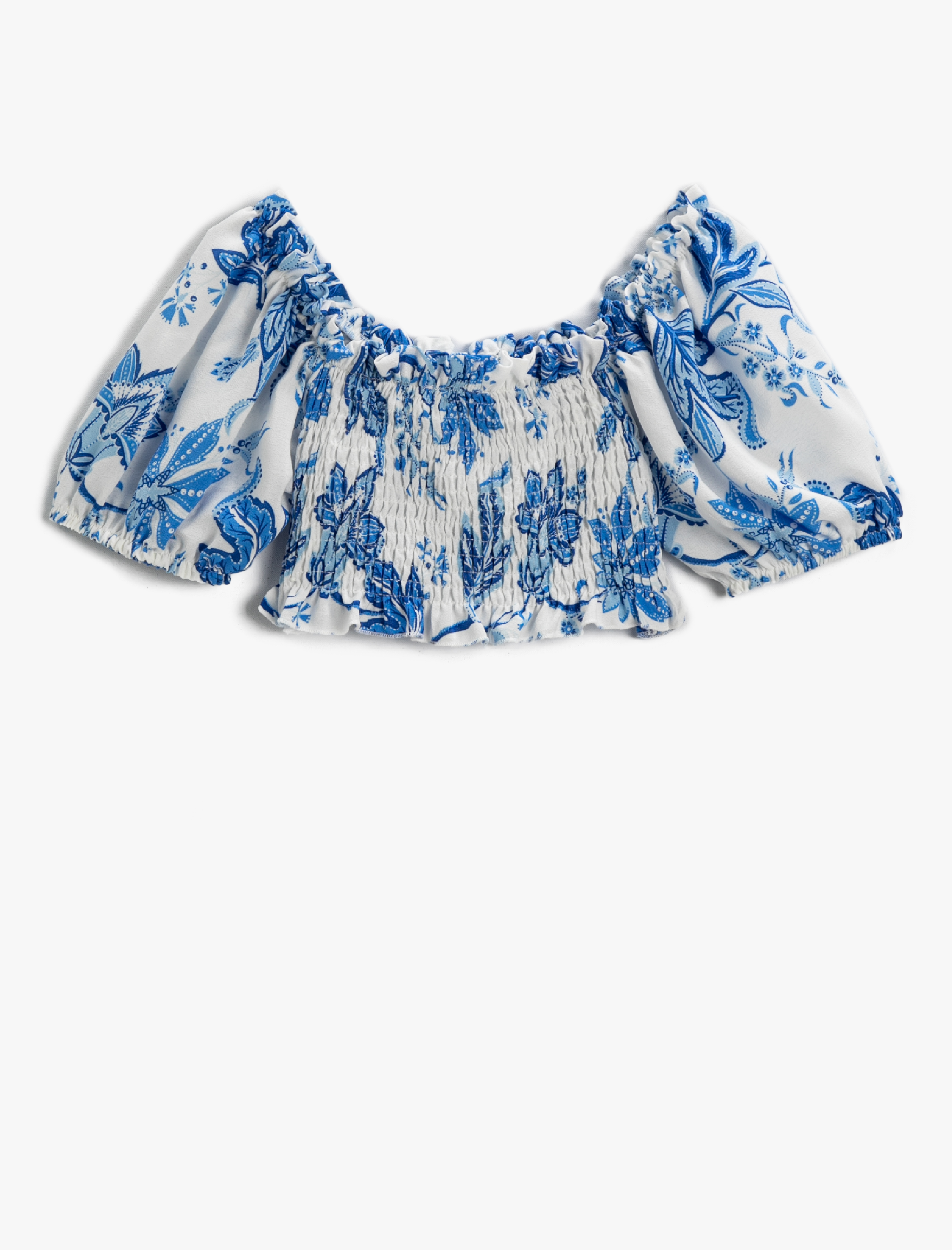  Kız Çocuk Çiçekli Crop Bluz Balon Kollu Düşük Omuz Gipe Detaylı