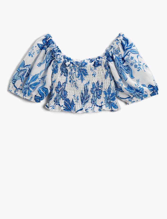 Kız Çocuk Çiçekli Crop Bluz Balon Kollu Düşük Omuz Gipe Detaylı