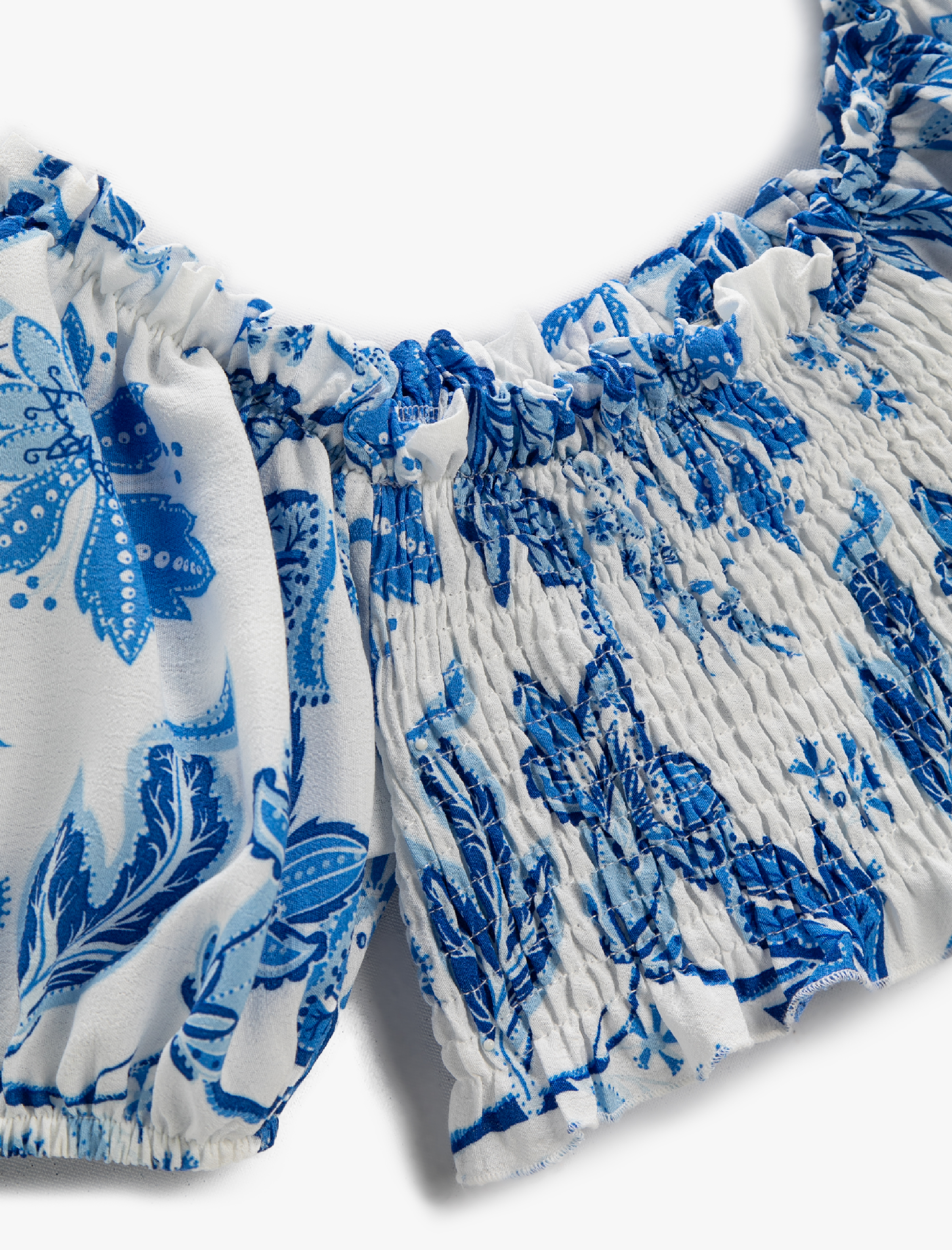  Kız Çocuk Çiçekli Crop Bluz Balon Kollu Düşük Omuz Gipe Detaylı