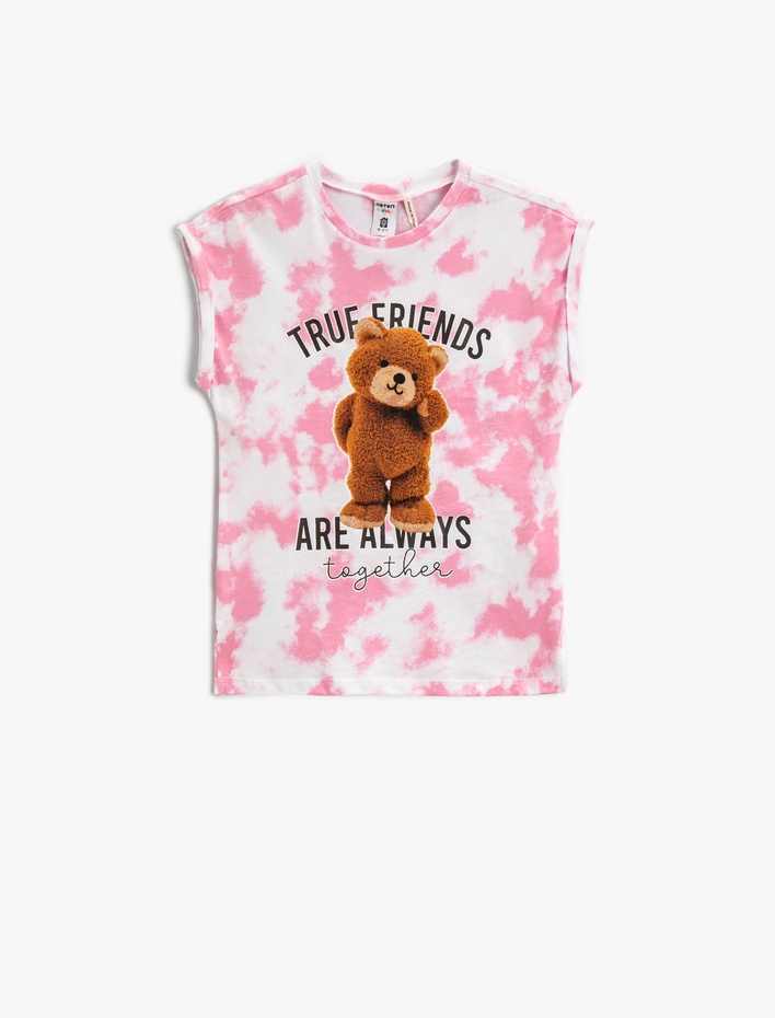Kız Çocuk Teddy Bear Baskılı Tişört Batik Desenli Kolsuz Pamuklu