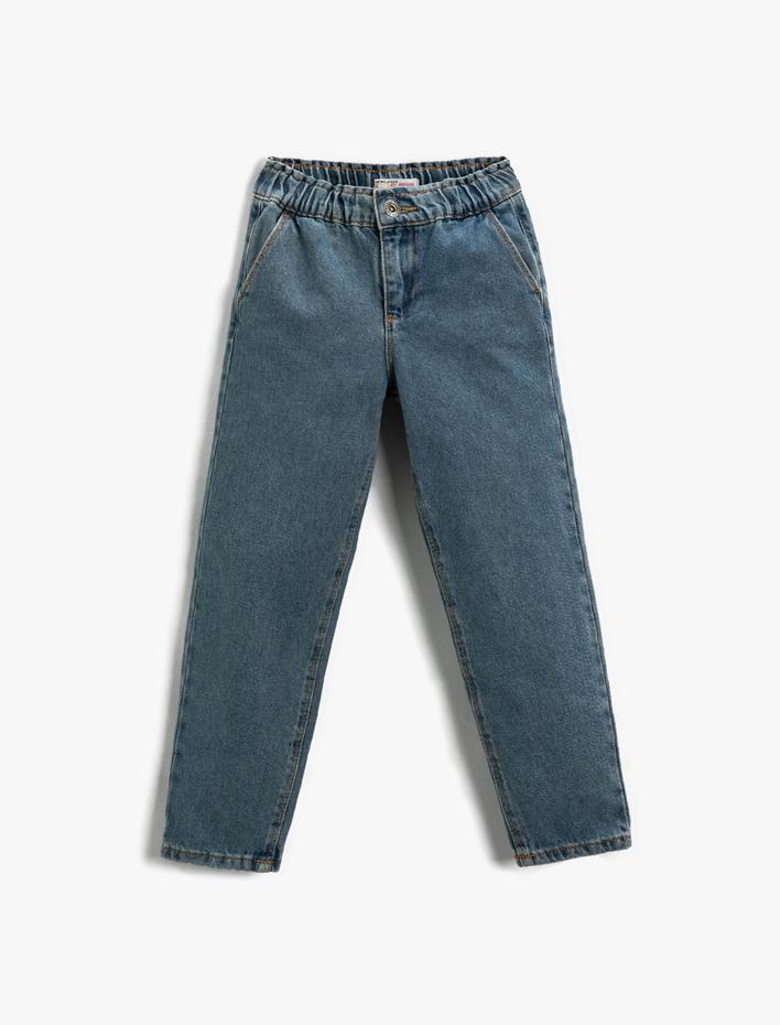 Kız Çocuk Kot Pantolon Beli Lastikli Cepli Pamuklu - Boyfriend Jean
