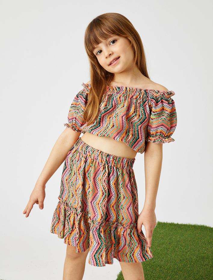 Kız Çocuk Keten Karışımlı Crop Bluz Beli ve Kolları Lastikli