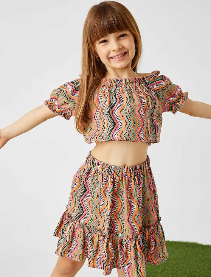 Kız Çocuk Keten Karışımlı Crop Bluz Beli ve Kolları Lastikli