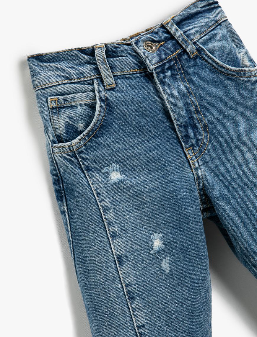  Kız Çocuk Kot Pantolon Dikiş Detaylı Pamuklu Cepli - Straight Jean