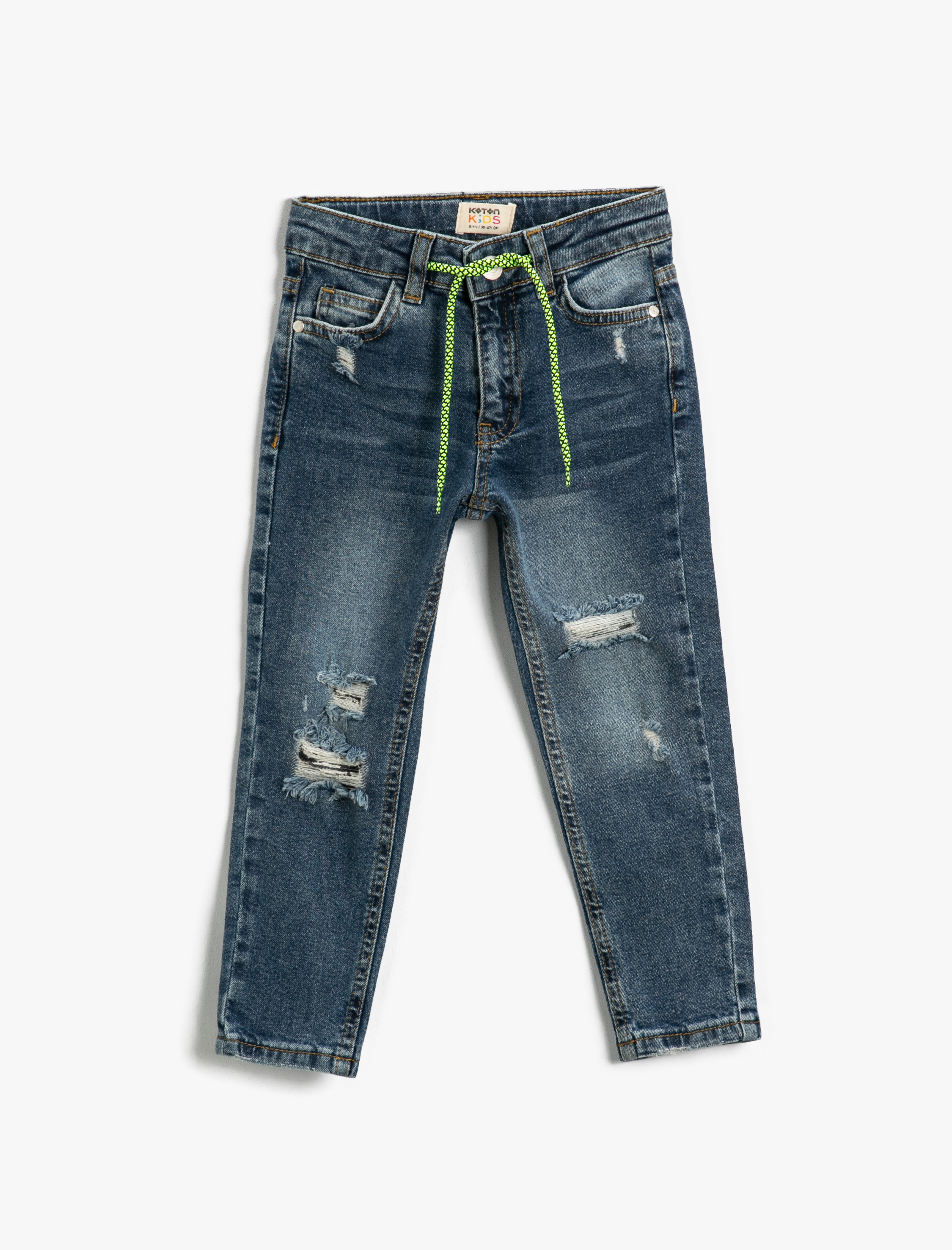  Erkek Çocuk Kot Pantolon Beli Bağlamalı Yıpratılmış Cepli Pamuklu - Skinny Jean