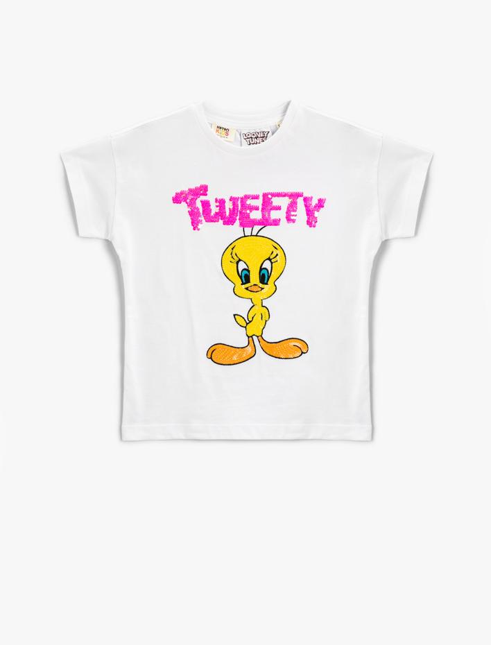 Kız Çocuk Tweety Lisanslı Pullu Payetli Tişört Pamuklu