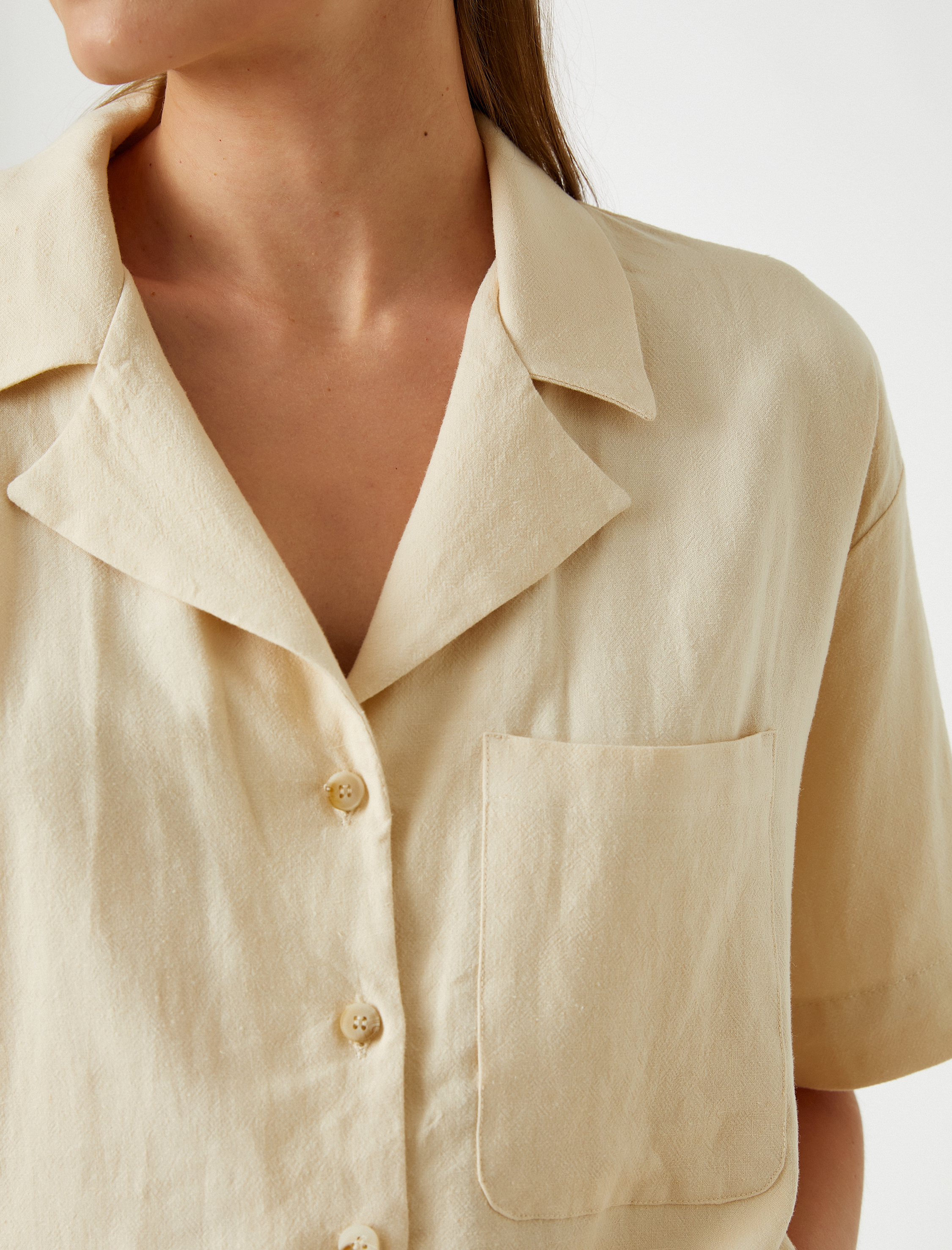   Keten Gömlek Kısa Kollu Cep Detaylı