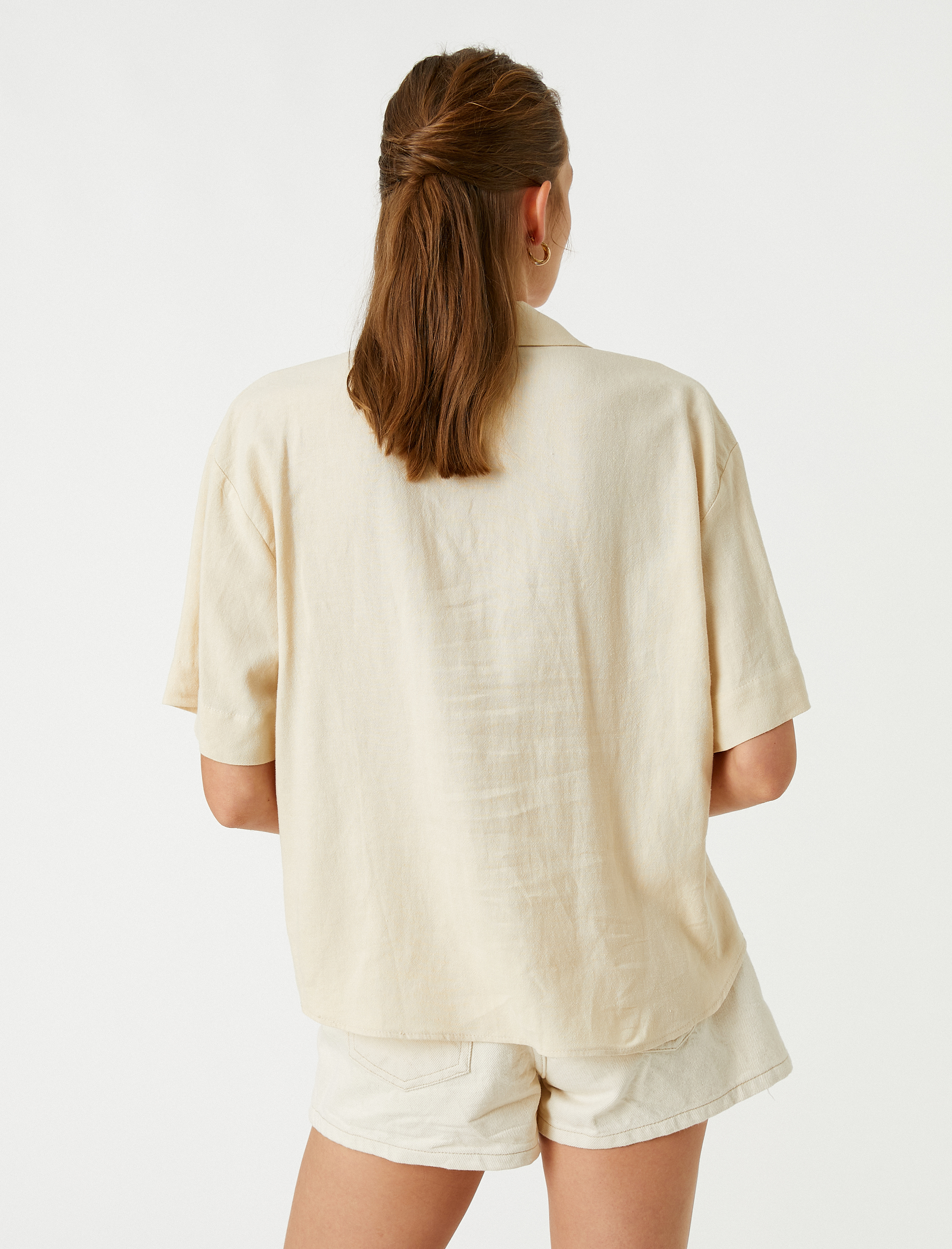   Keten Gömlek Kısa Kollu Cep Detaylı