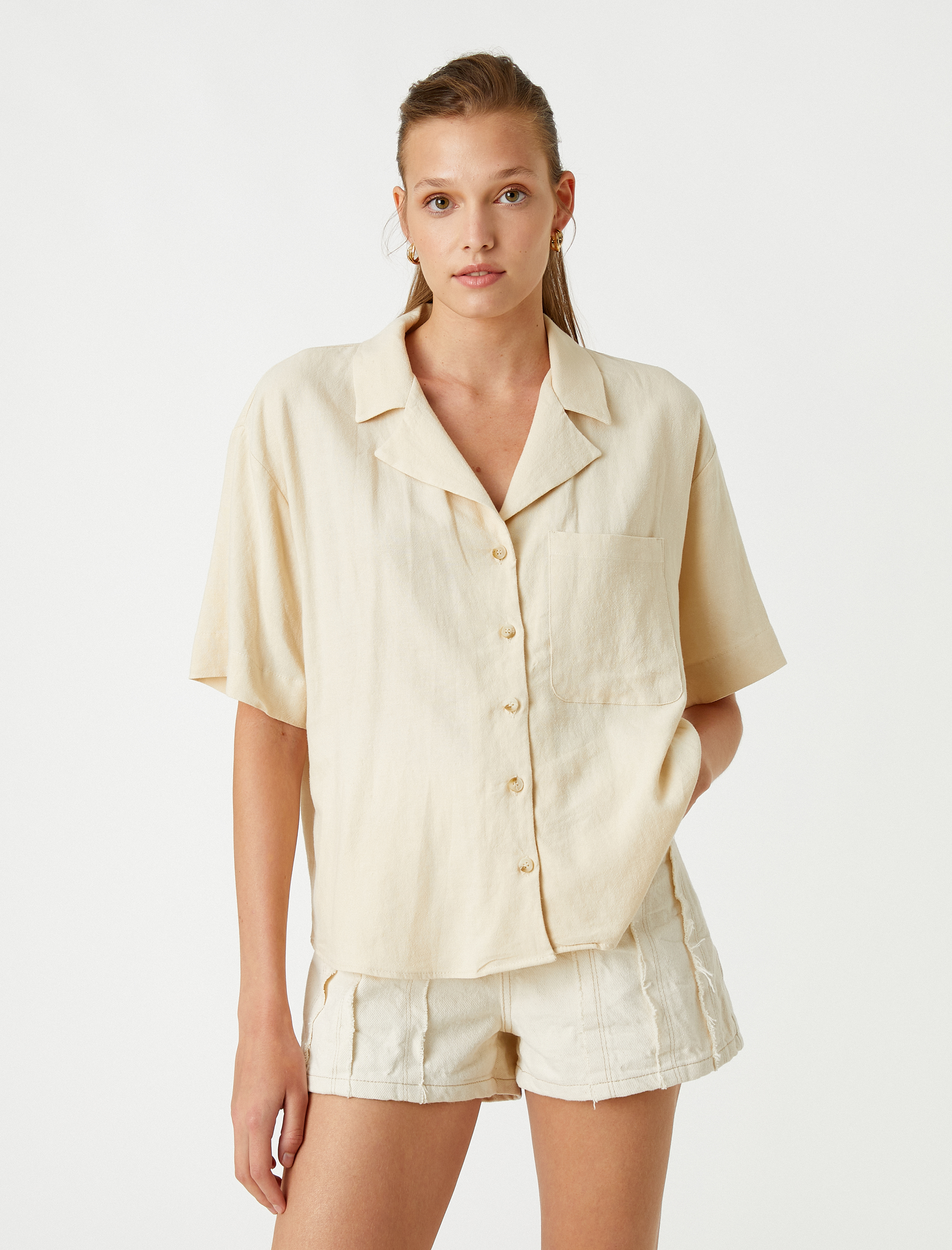   Keten Gömlek Kısa Kollu Cep Detaylı