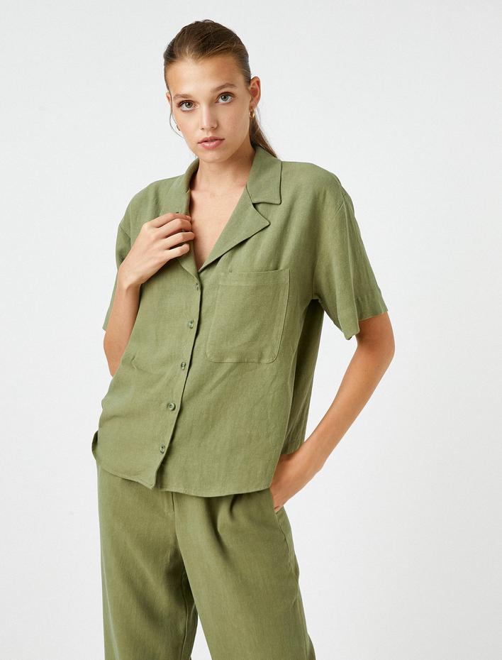  Keten Gömlek Kısa Kollu Cep Detaylı