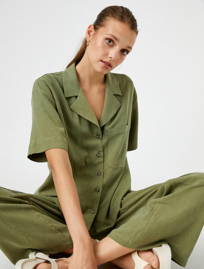  Keten Gömlek Kısa Kollu Cep Detaylı