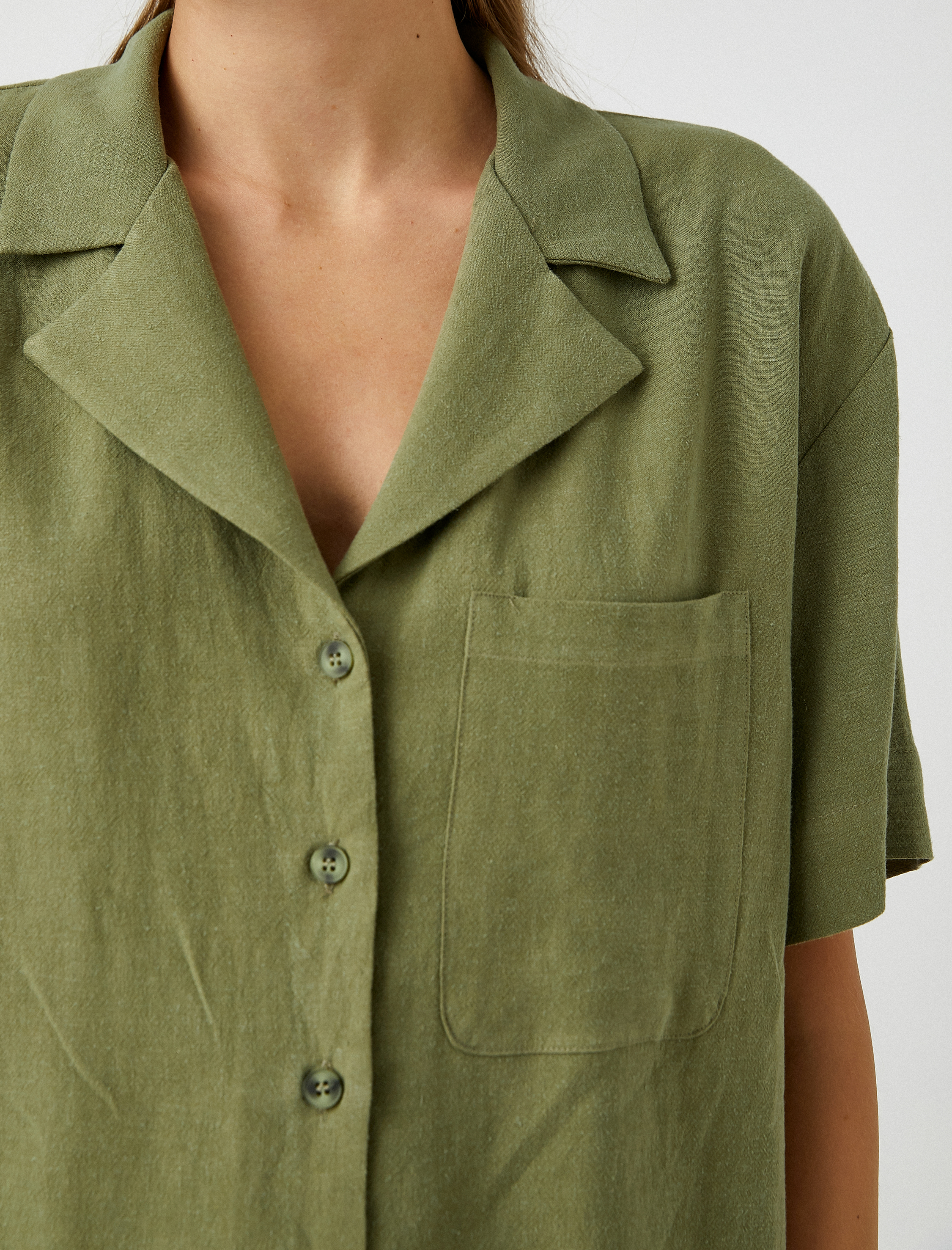   Keten Gömlek Kısa Kollu Cep Detaylı