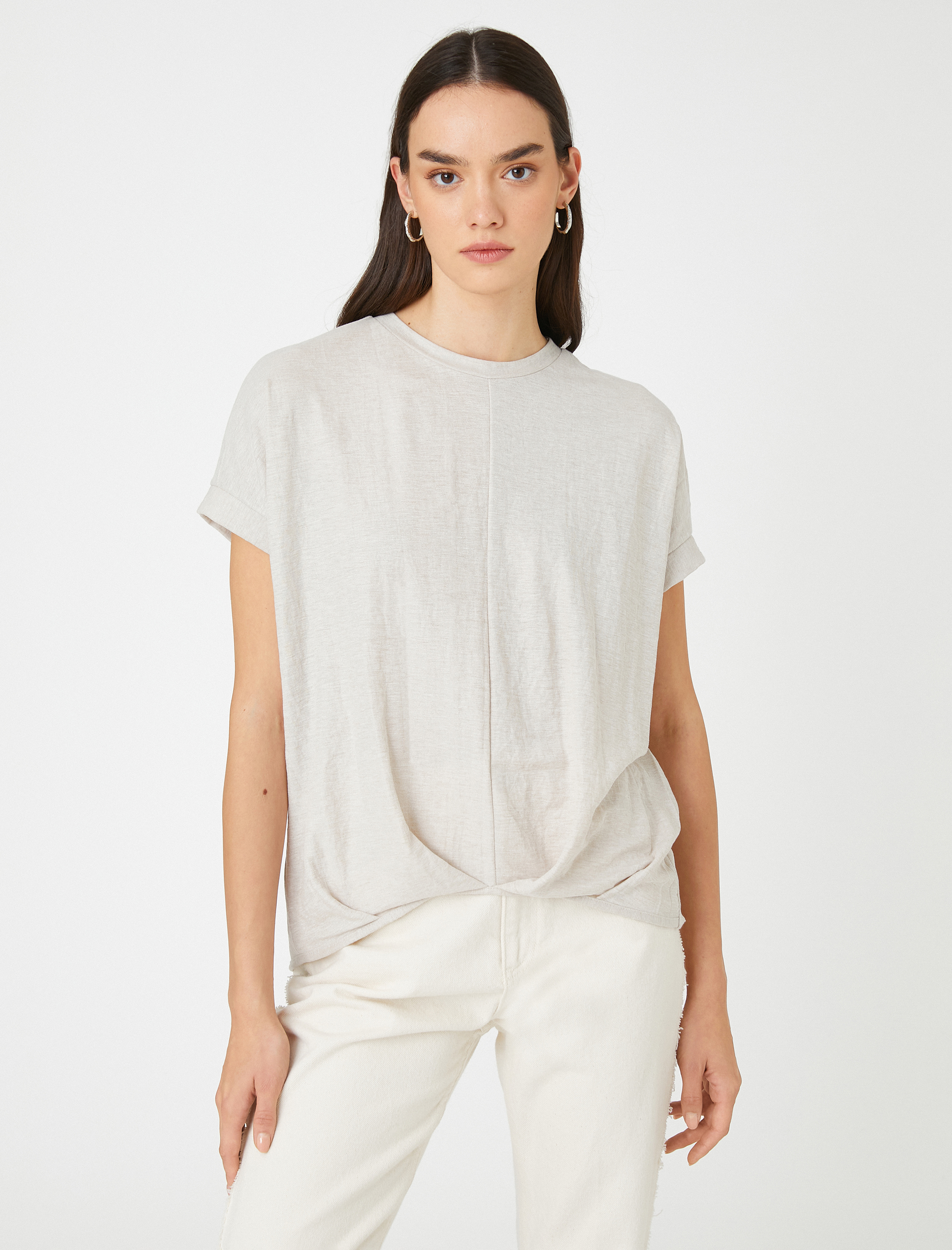   Rahat Kesim Tişört Önden Dikişli Kısa Kollu Bisiklet Yaka