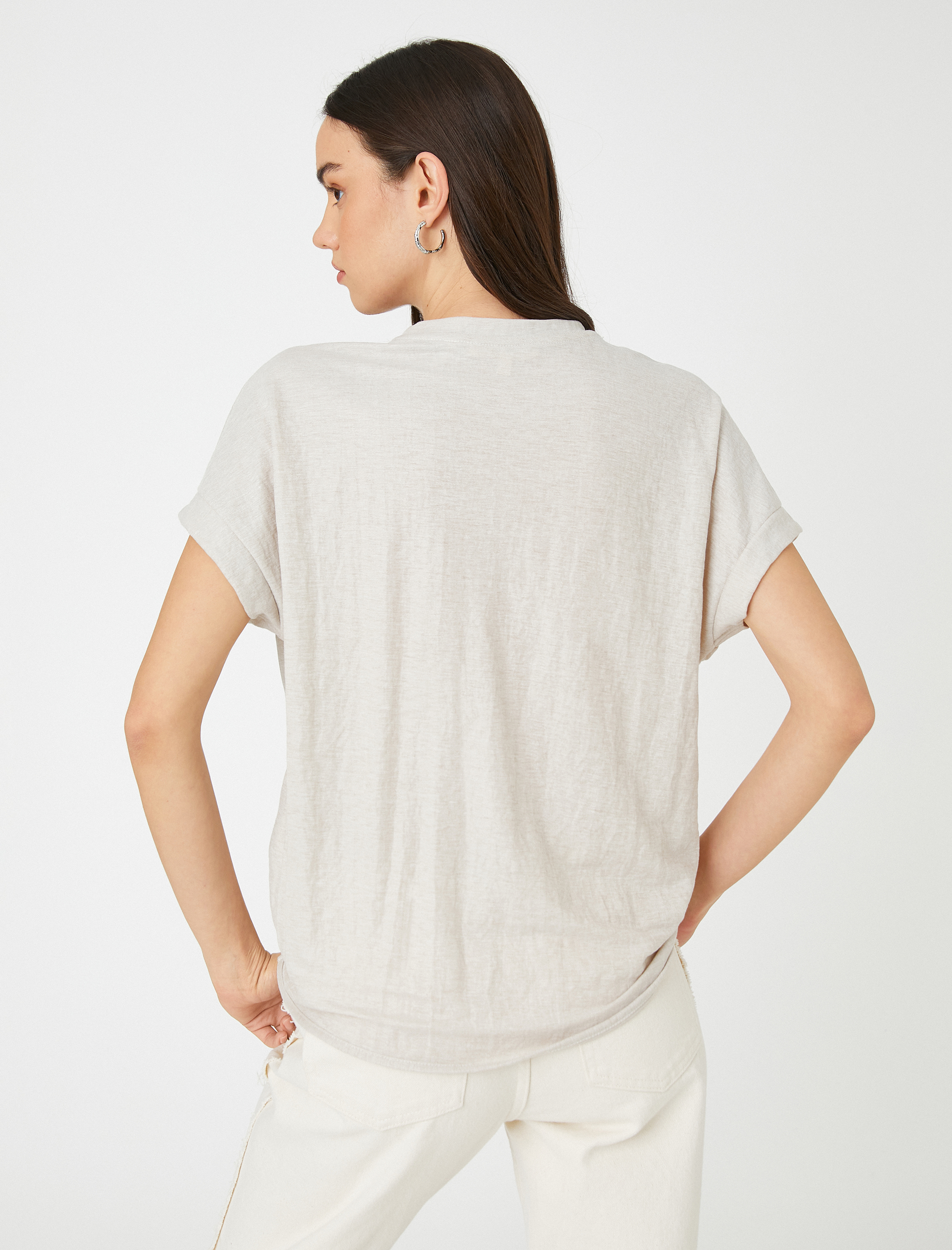   Rahat Kesim Tişört Önden Dikişli Kısa Kollu Bisiklet Yaka