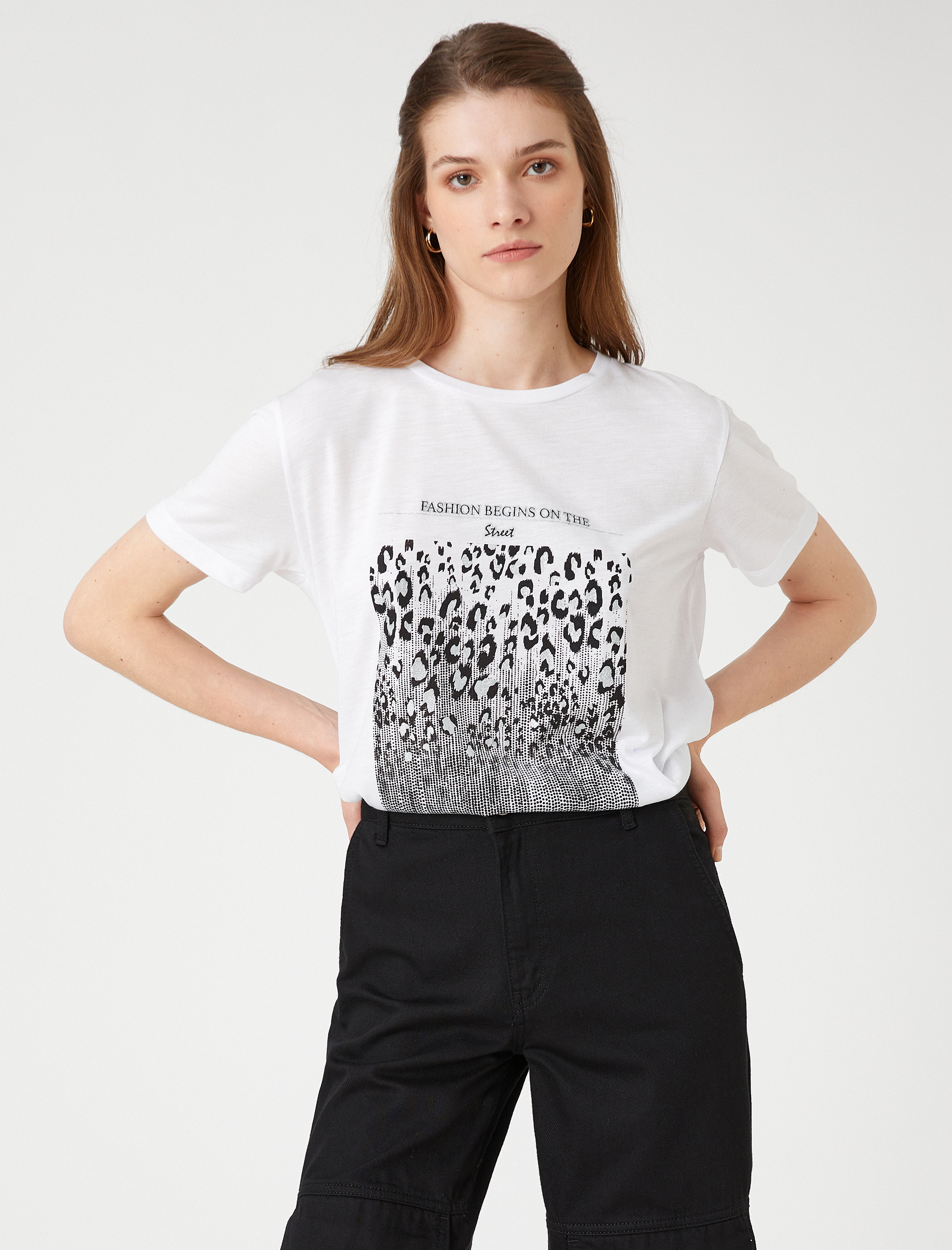   Leopar Baskılı Tişört Kısa Kollu Bisiklet Yaka