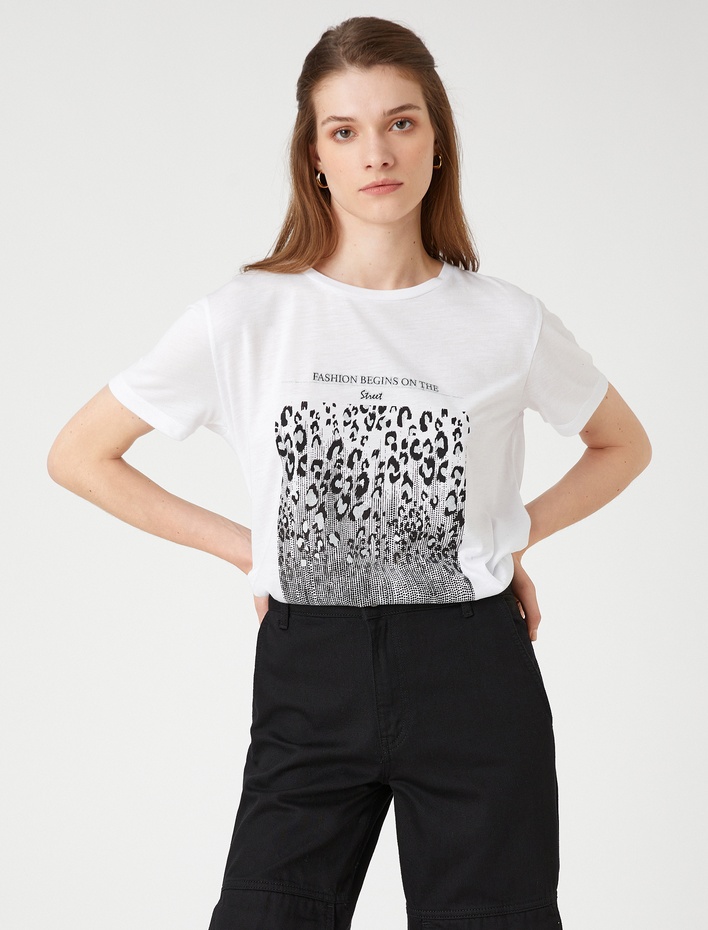  Leopar Baskılı Tişört Kısa Kollu Bisiklet Yaka
