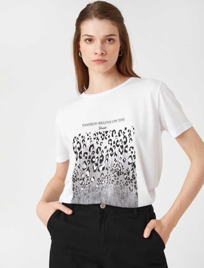  Leopar Baskılı Tişört Kısa Kollu Bisiklet Yaka