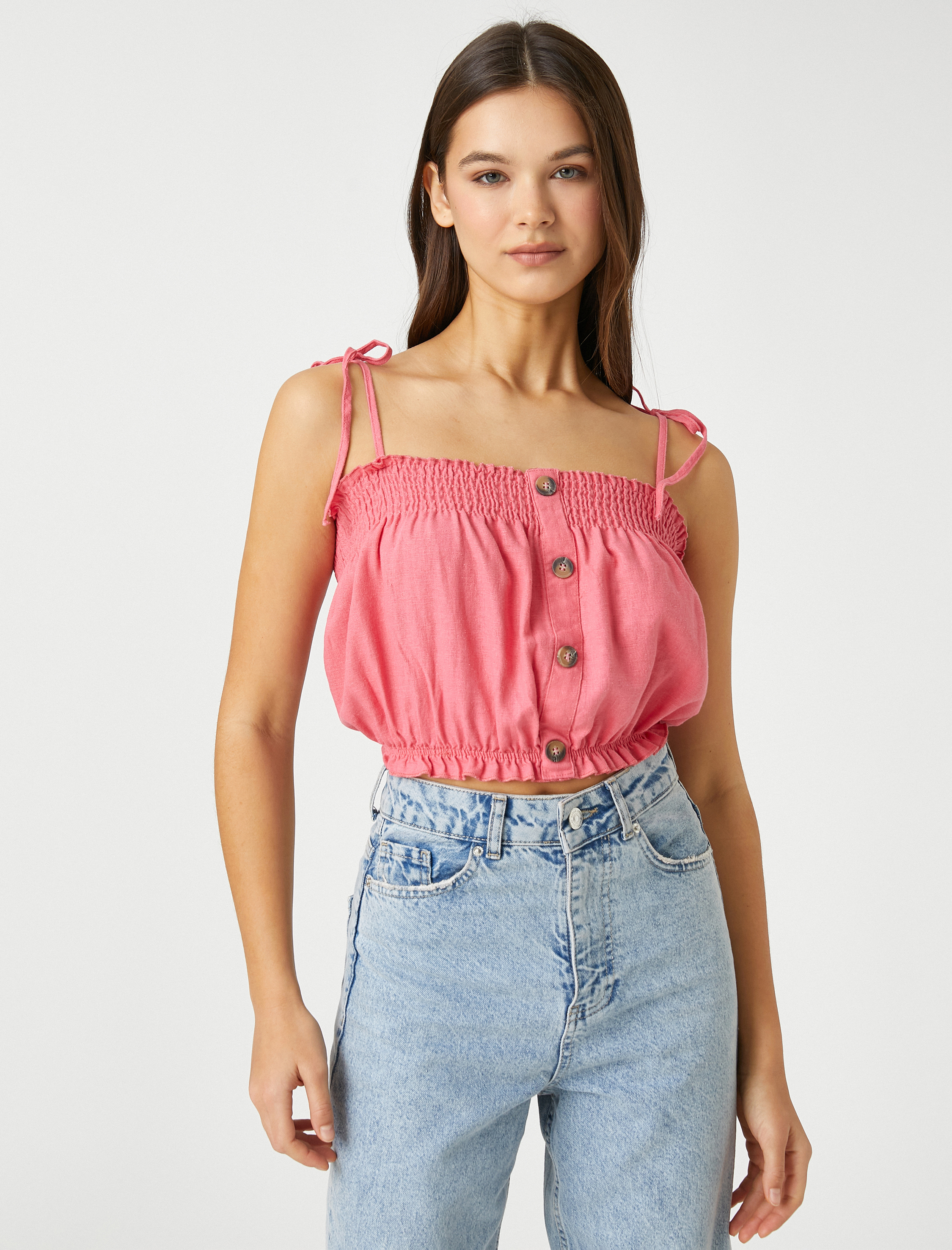   Crop Üst İnce Askılı Büzgülü Düğme Detaylı Keten Karışımlı