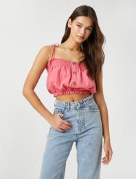 Crop Üst İnce Askılı Büzgülü Düğme Detaylı Keten Karışımlı