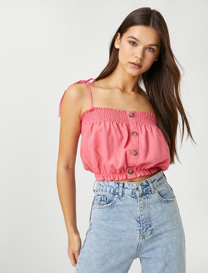  Crop Üst İnce Askılı Büzgülü Düğme Detaylı Keten Karışımlı