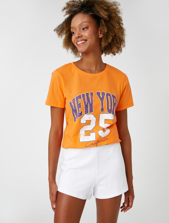  Kolej Baskılı Tişört Bisiklet Yaka Kısa Kollu