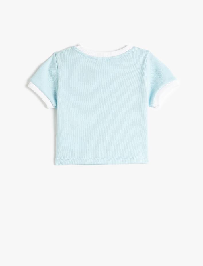 Kız Çocuk Tişört Kısa Kollu Bisiklet Yaka Ribanalı Çiçek Baskılı Pamuklu