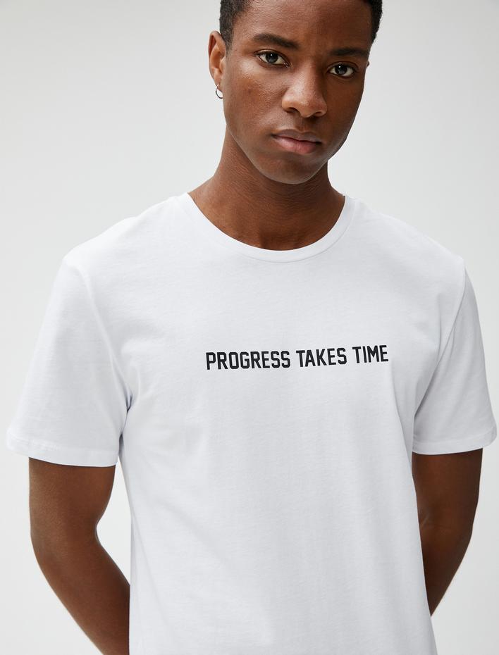  Slogan Baskılı Tişört Bisiklet Yaka Kısa Kollu Pamuklu