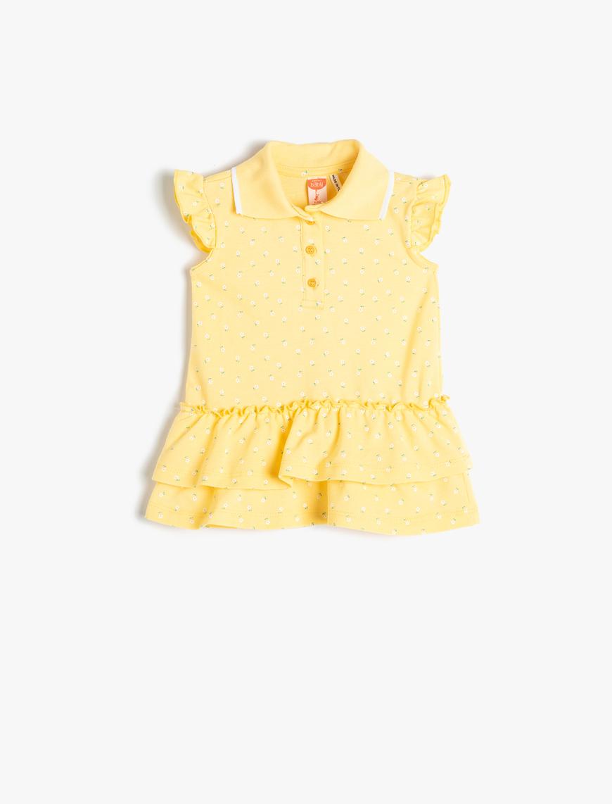  Kız Bebek Elbise Polo Yaka Kolsuz Fırfırlı Pamuklu Düğme Detaylı