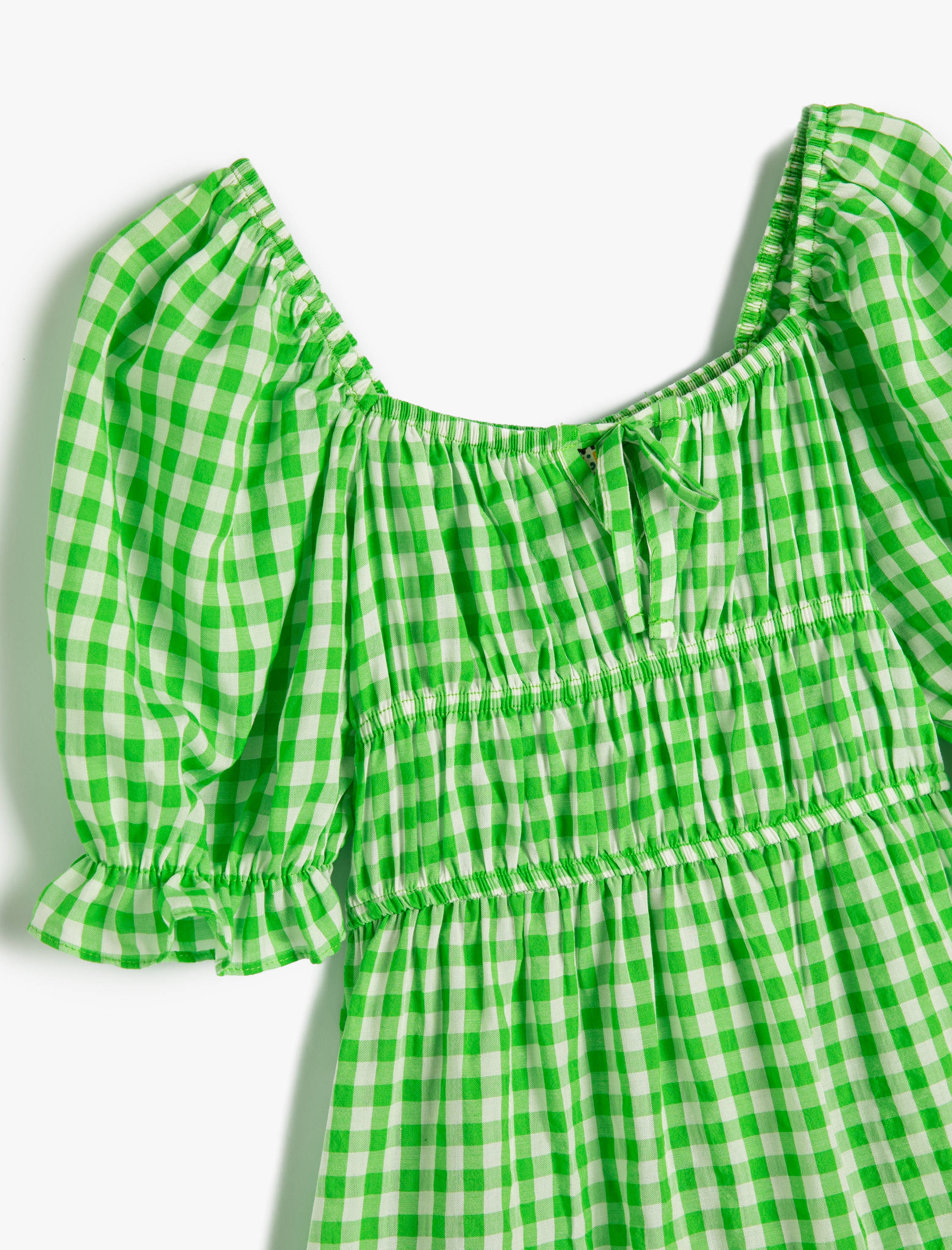  Kız Çocuk Elbise Midi Balon Kollu Fırfır Detaylı U Yaka Gipe Detaylı Katlı