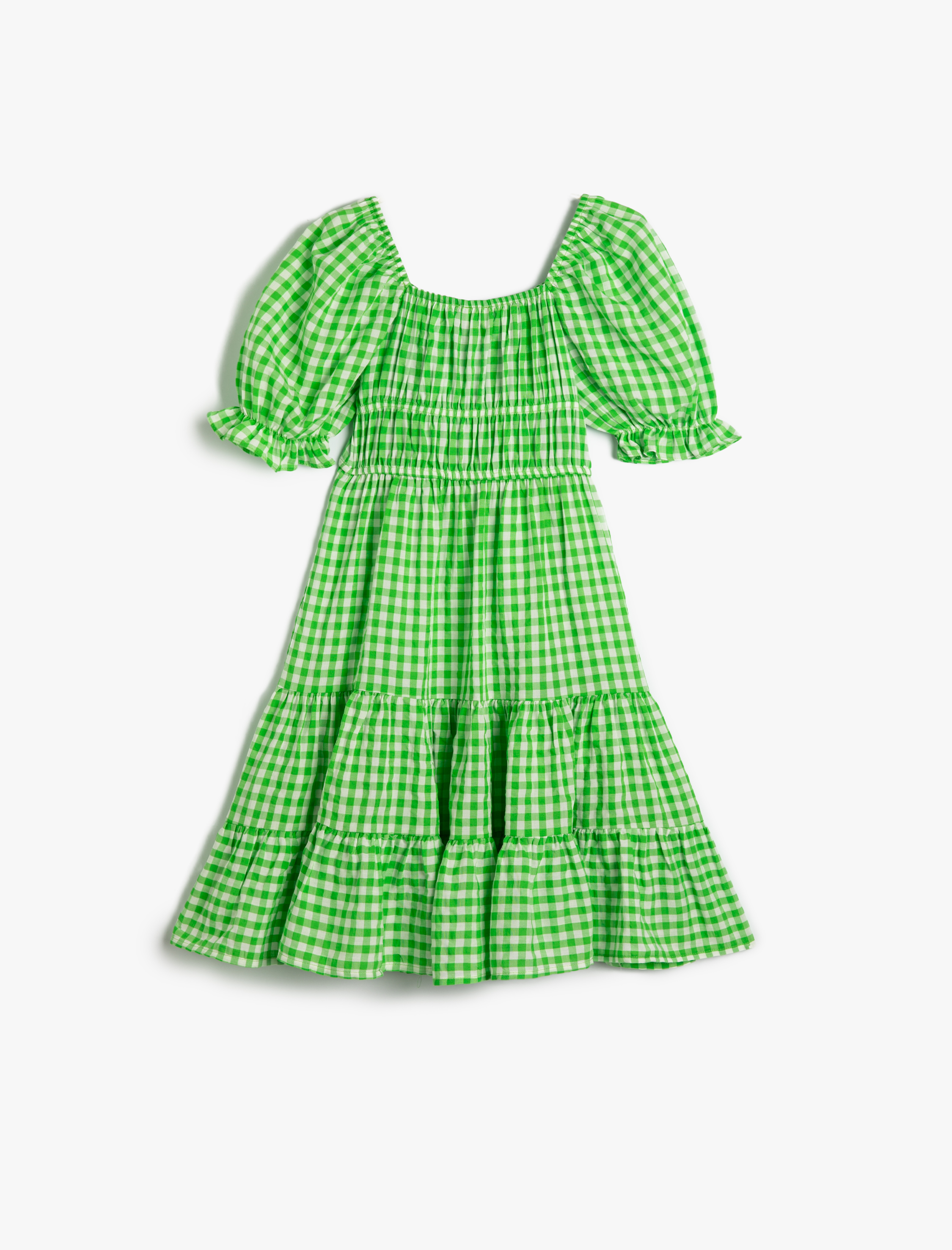  Kız Çocuk Elbise Midi Balon Kollu Fırfır Detaylı U Yaka Gipe Detaylı Katlı