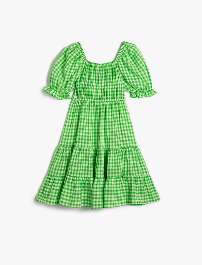 Kız Çocuk Elbise Midi Balon Kollu Fırfır Detaylı U Yaka Gipe Detaylı Katlı