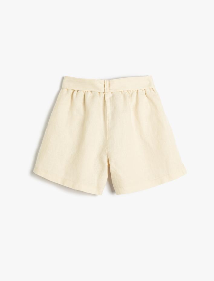 Kız Çocuk Keten Şort Kemer Detaylı Cepli Beli Lastikli