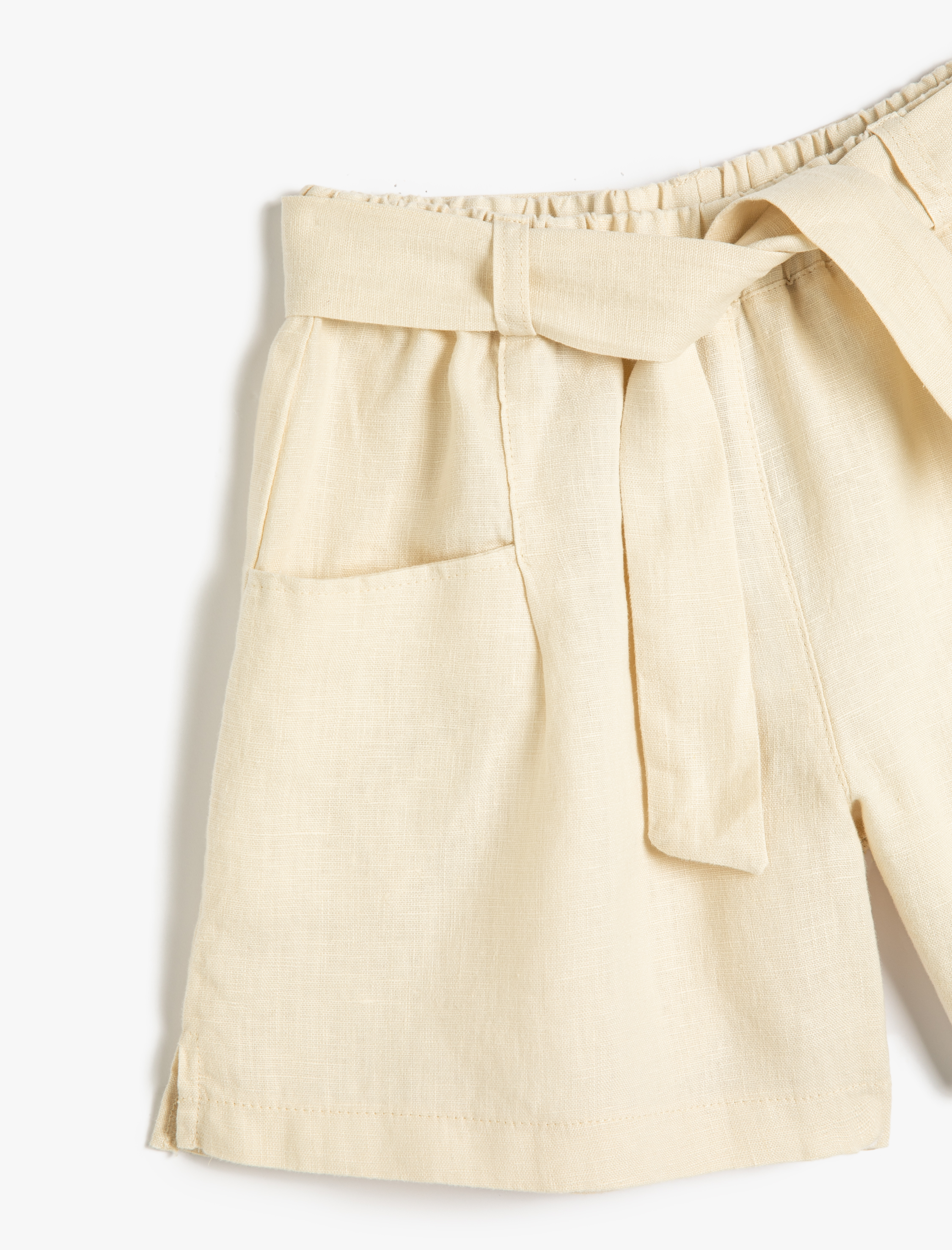  Kız Çocuk Keten Şort Kemer Detaylı Cepli Beli Lastikli
