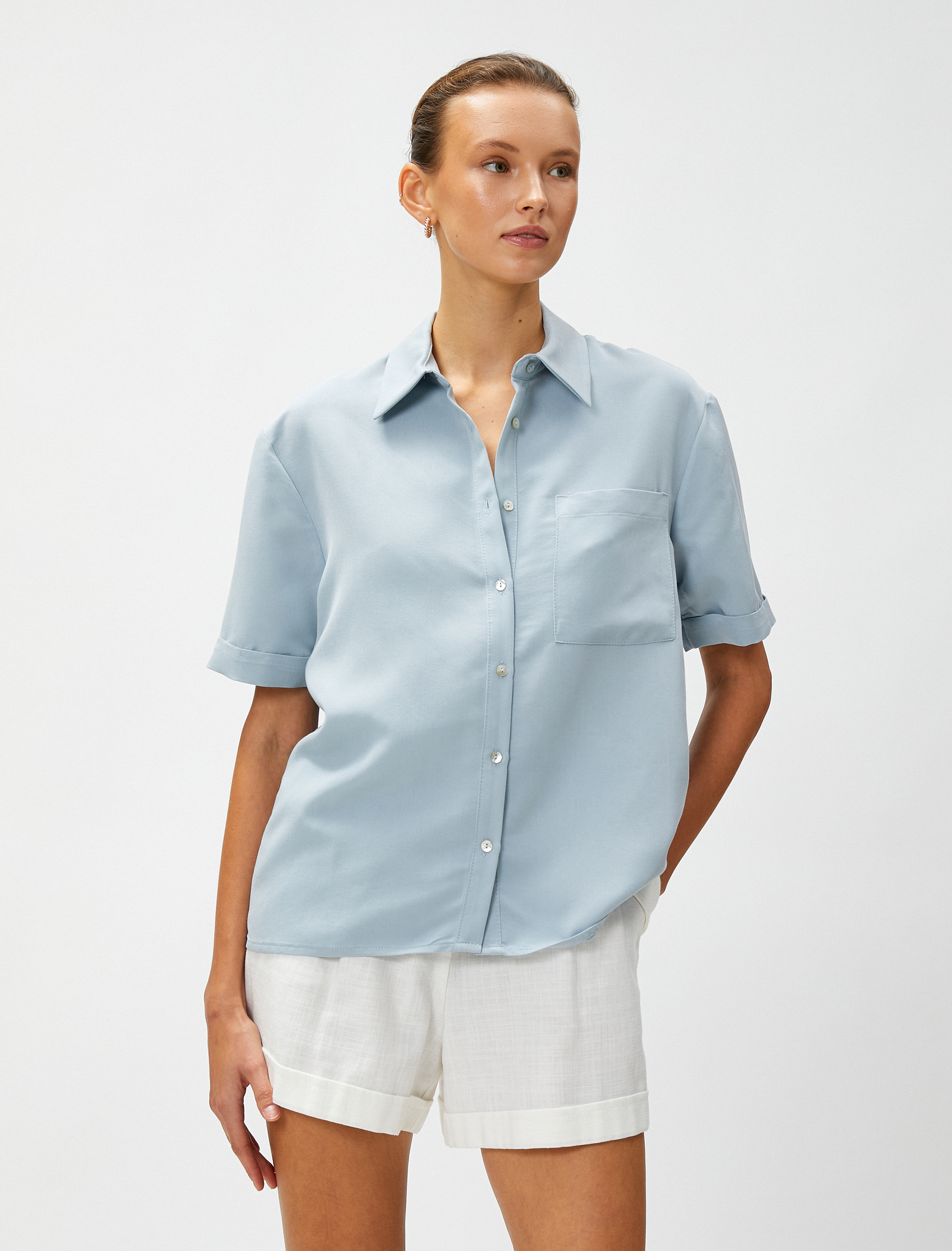 Kısa Kollu Gömlek Cepli Modal Karışımlı