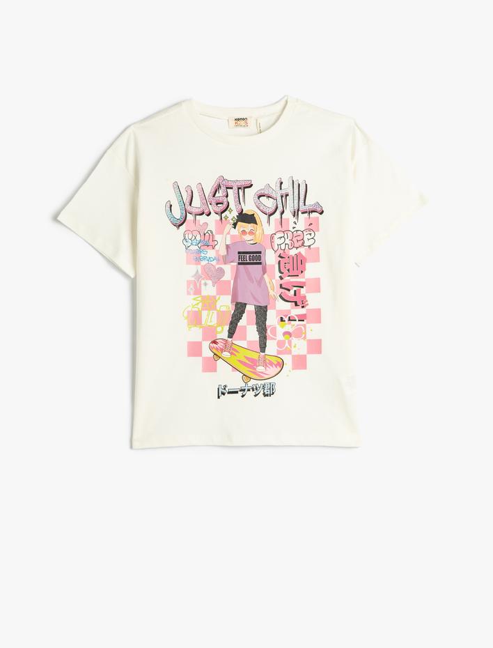 Kız Çocuk Tişört Anime Baskılı Arkası Yırtmaç Detaylı Kısa Kollu Bisiklet Yaka