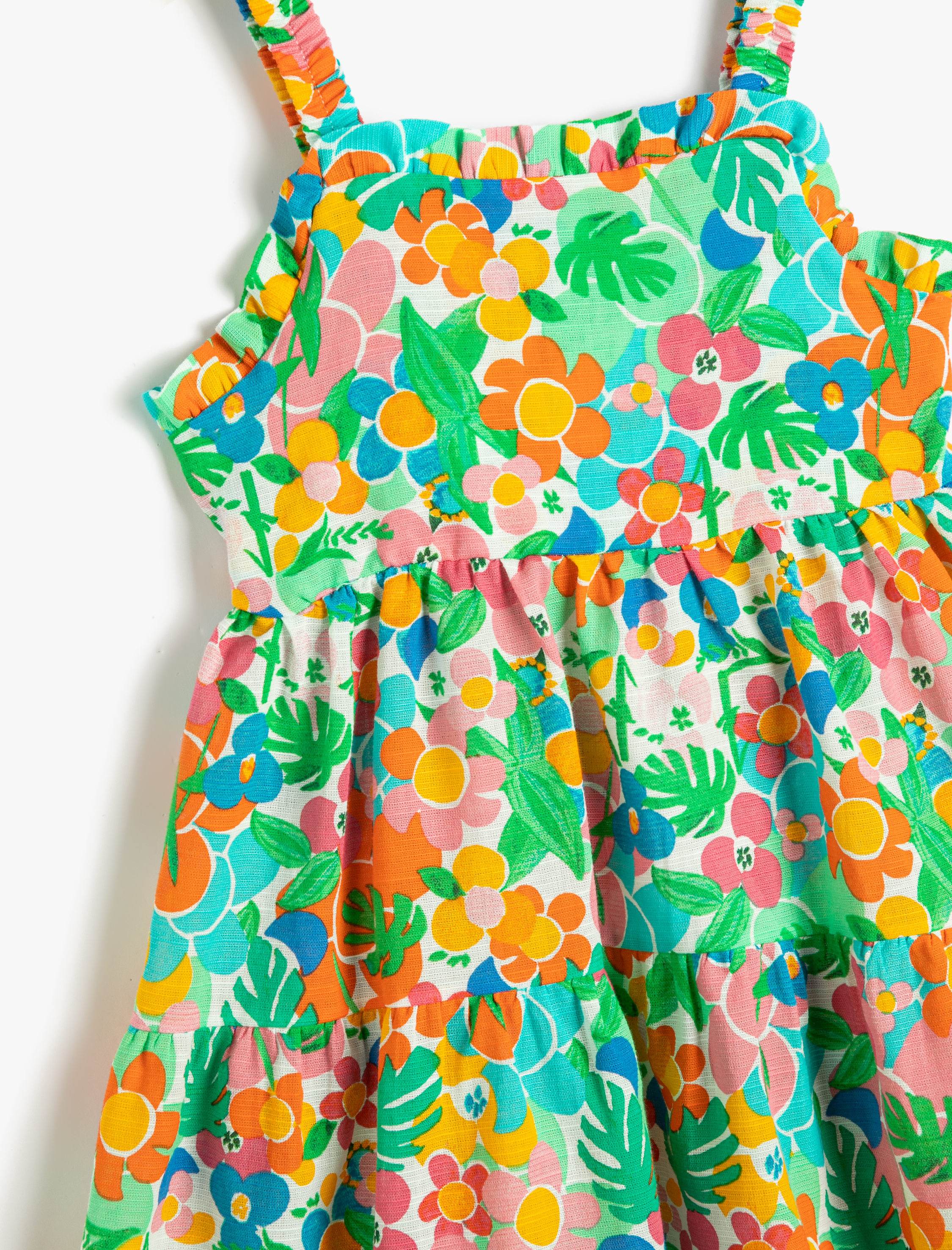  Kız Bebek Elbise Çiçekli Fırfırlı Askılı Arkası Pencere Detaylı