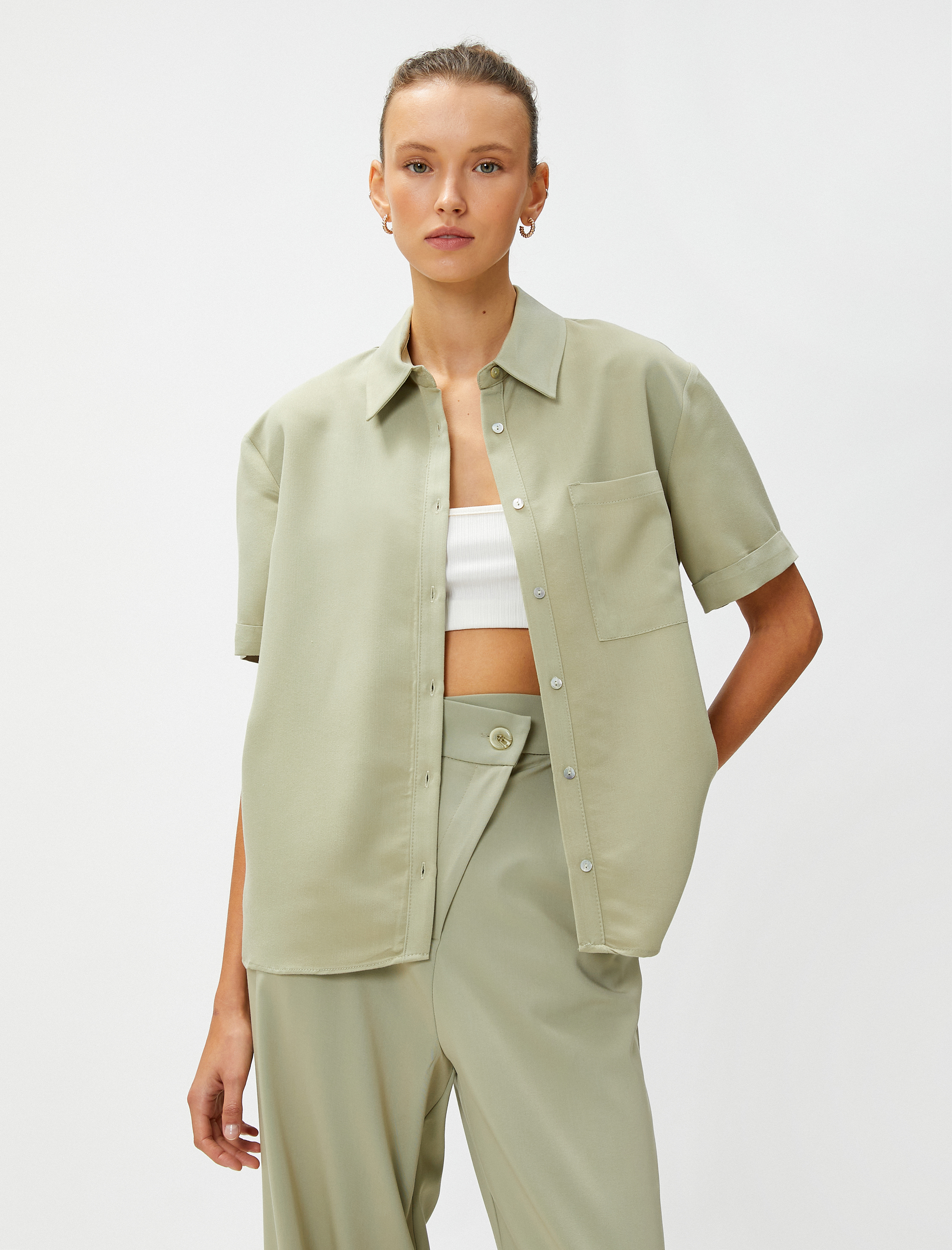   Kısa Kollu Gömlek Cepli Modal Karışımlı