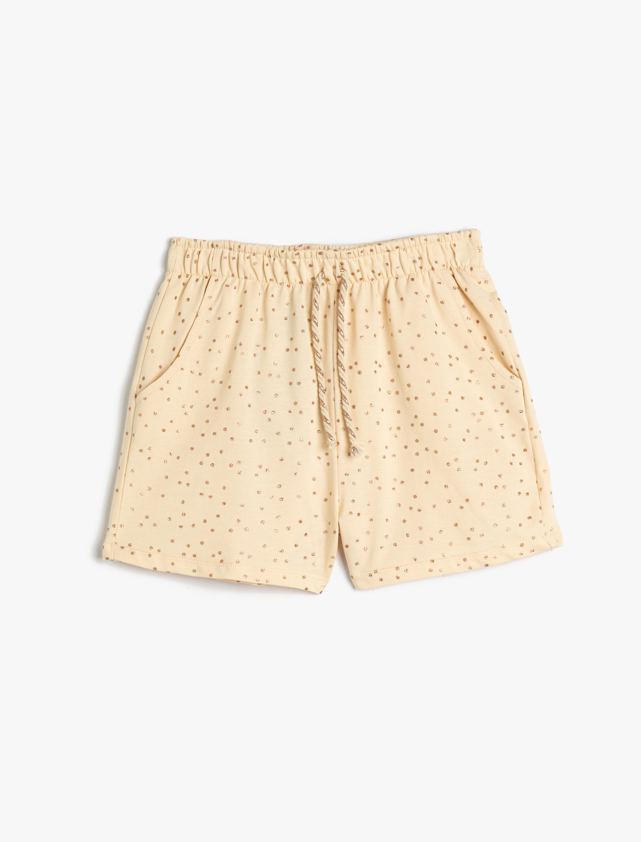  Kız Çocuk Şort Beli Bağlamalı Lastikli Cepli Simli Puantiye Desenli Pamuklu