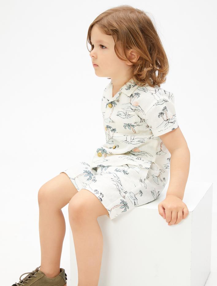 Erkek Bebek Keten Karışımlı Şort Beli Lastikli Cepli Palmiye Baskılı