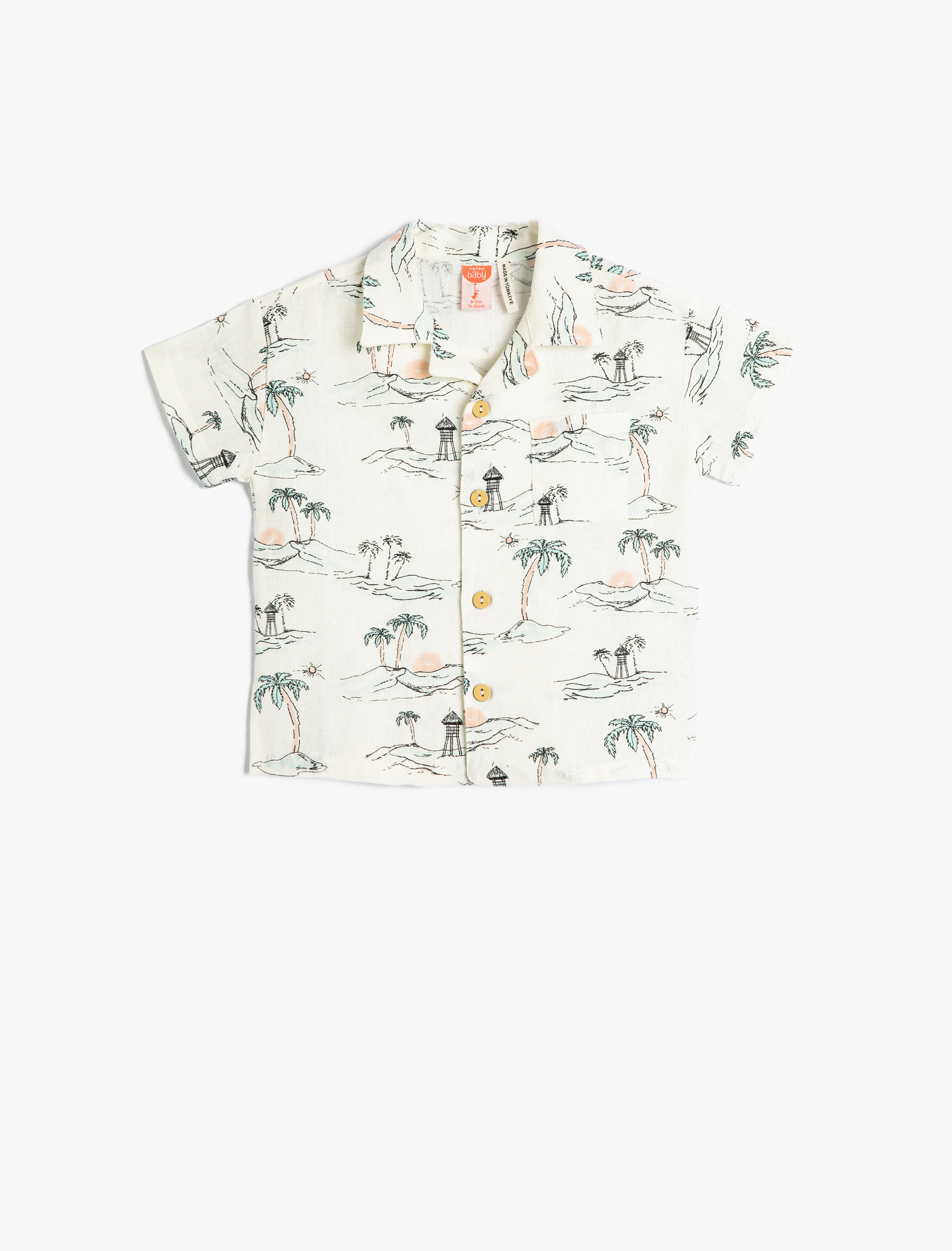  Erkek Bebek Keten Gömlek Kısa Kollu Yaz Temalı Baskılı Cep Detaylı