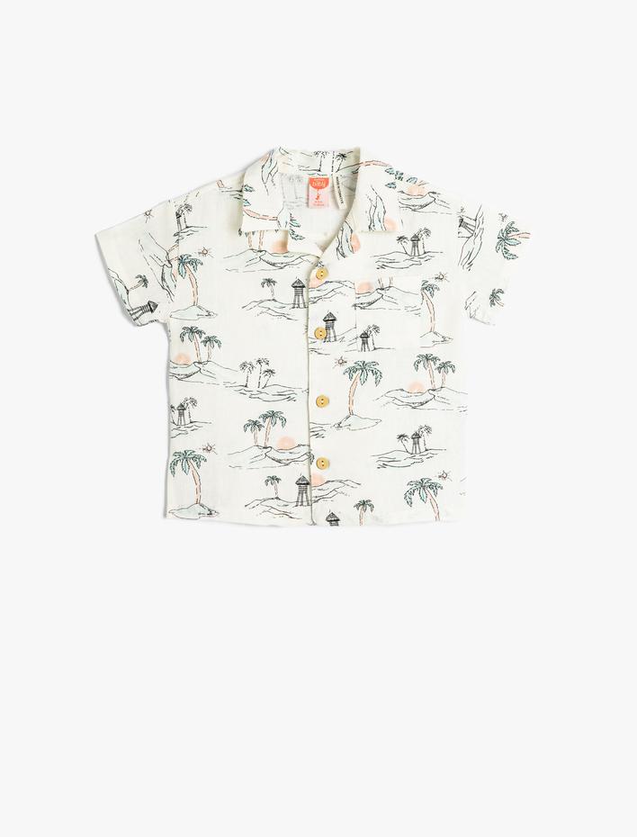 Erkek Bebek Keten Gömlek Kısa Kollu Yaz Temalı Baskılı Cep Detaylı