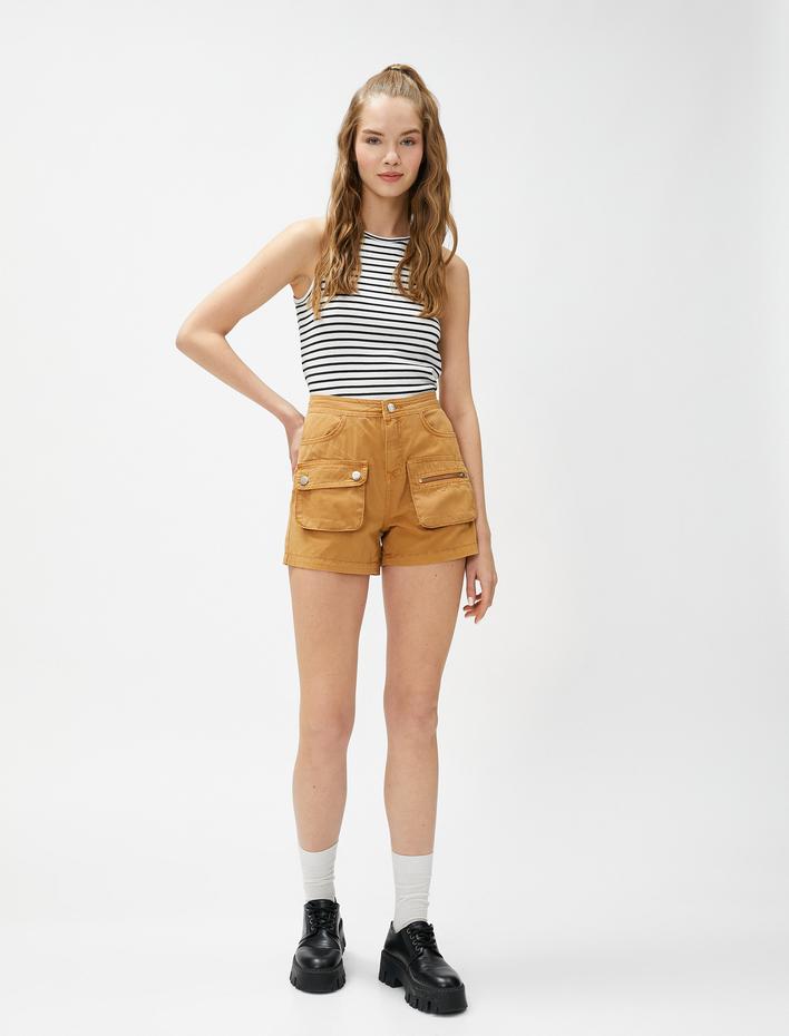  Mini Kargo Şort Cep Detaylı Fermuarlı Pamuklu