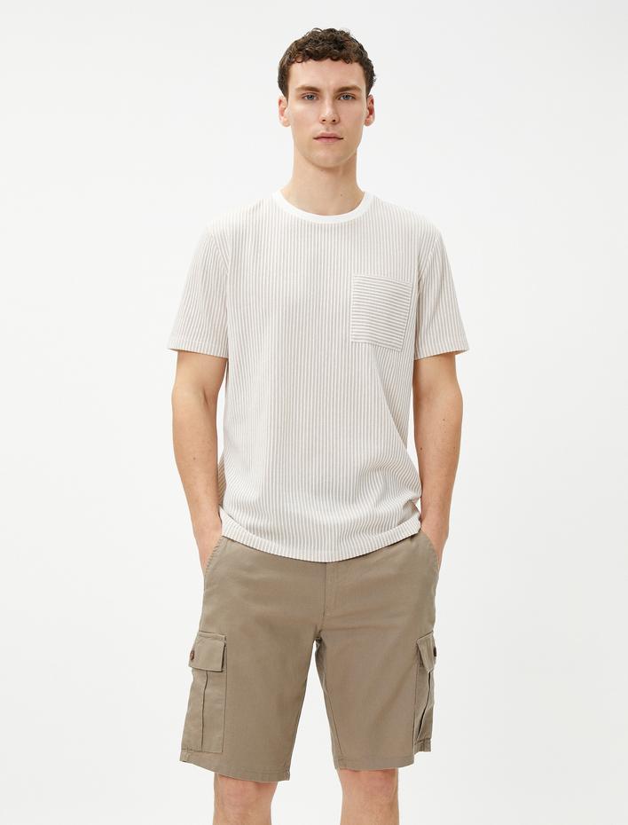  Keten Karışımlı Kargo Şort Cep Detaylı Düğmeli